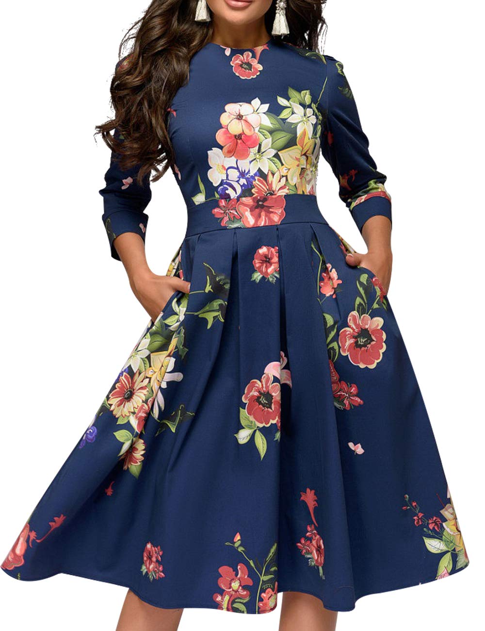 Vintage Floral Midi Dress for Women - Elegant 3/4 Sleeve Evening Dress | Perfect for Cocktail Parties, Weddings & Special Occasions