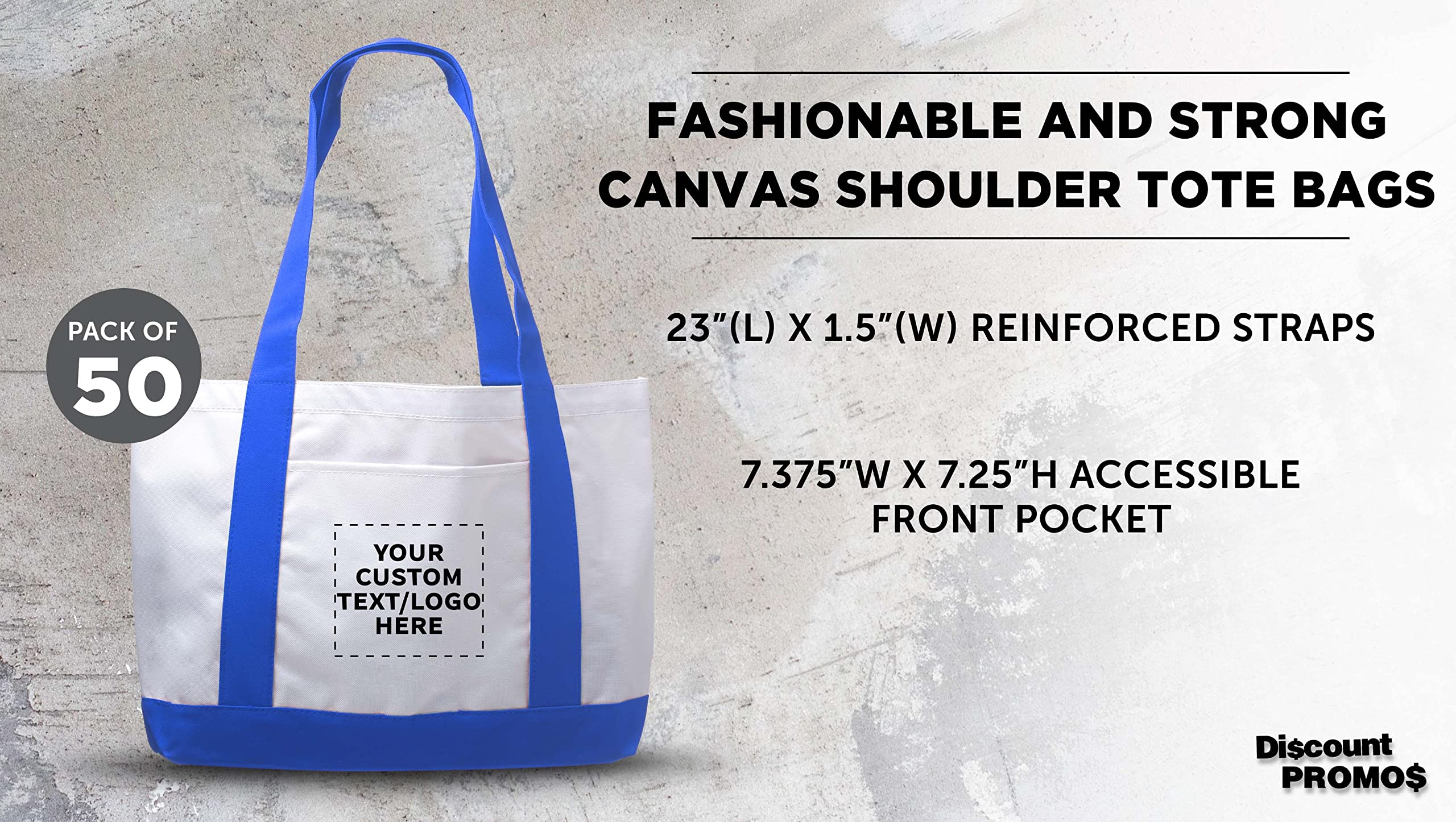 50 Pack Customizable Canvas Tote Bags with Reinforced Straps & Front Pocket - Bulk Polyester Shoulder Bags for Promotions, Events, Retail & Business Branding - Fashionable Blue Design for Shopping, Beach & Everyday Use