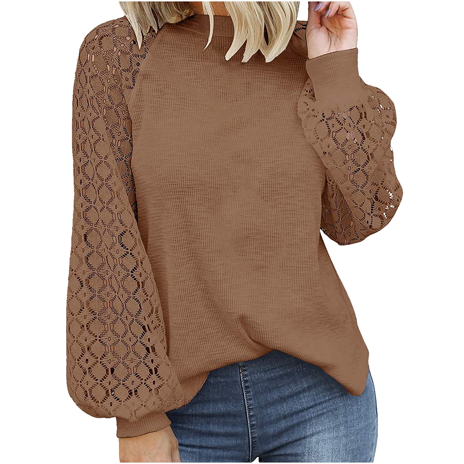 Women's Fall Sweaters - Casual Lace Long Sleeve Blouses, Solid Color Waffle Knit Pullover with Hollow Out Design | Perfect for Autumn Layering, Office Wear & Cozy Weekend Outfits