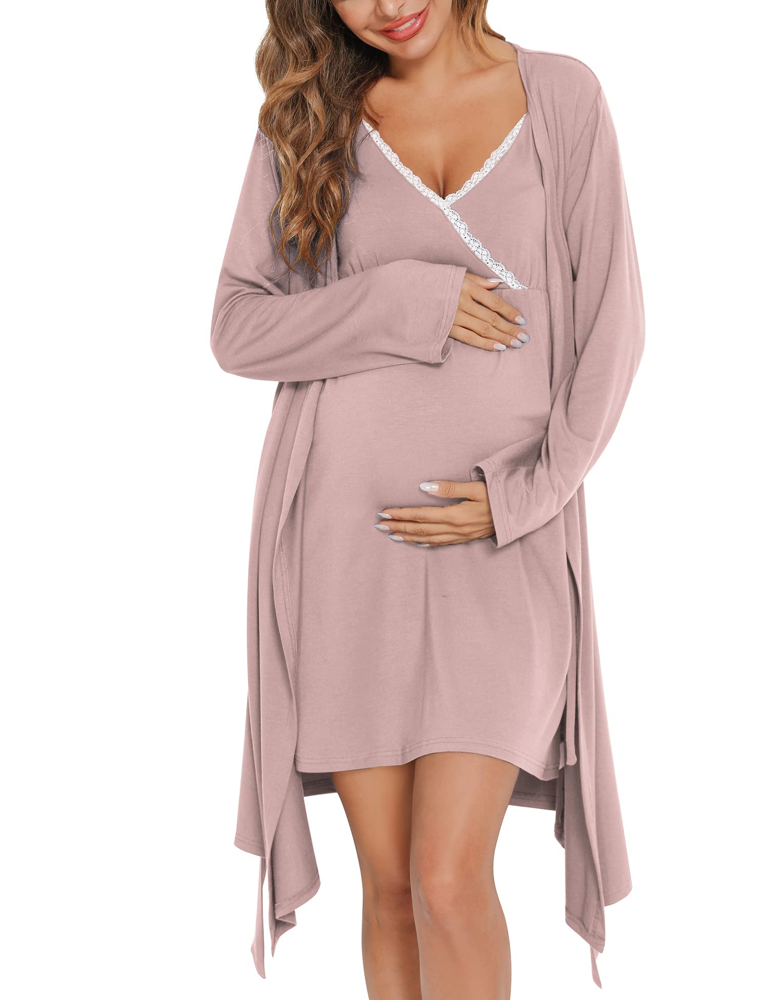 SWOMOG Women's 2-Piece Maternity Robe & Nursing Nightgown - 3-in-1 Breastfeeding Dress with Lace Trim for Labor, Delivery & Postpartum - Soft Nursing Pajama Set for Hospital & Home Use