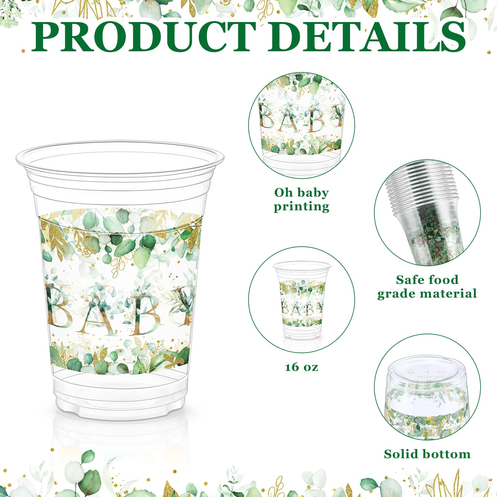 60 Pcs Eucalyptus Baby Shower Supplies - 16 oz Sage Green Plastic Cups Bulk for Baby Shower, Birthday Party, Gender Reveal - Disposable Cups for Party Favors & Decorations - Perfect for Rustic, Boho & Themed Celebrations