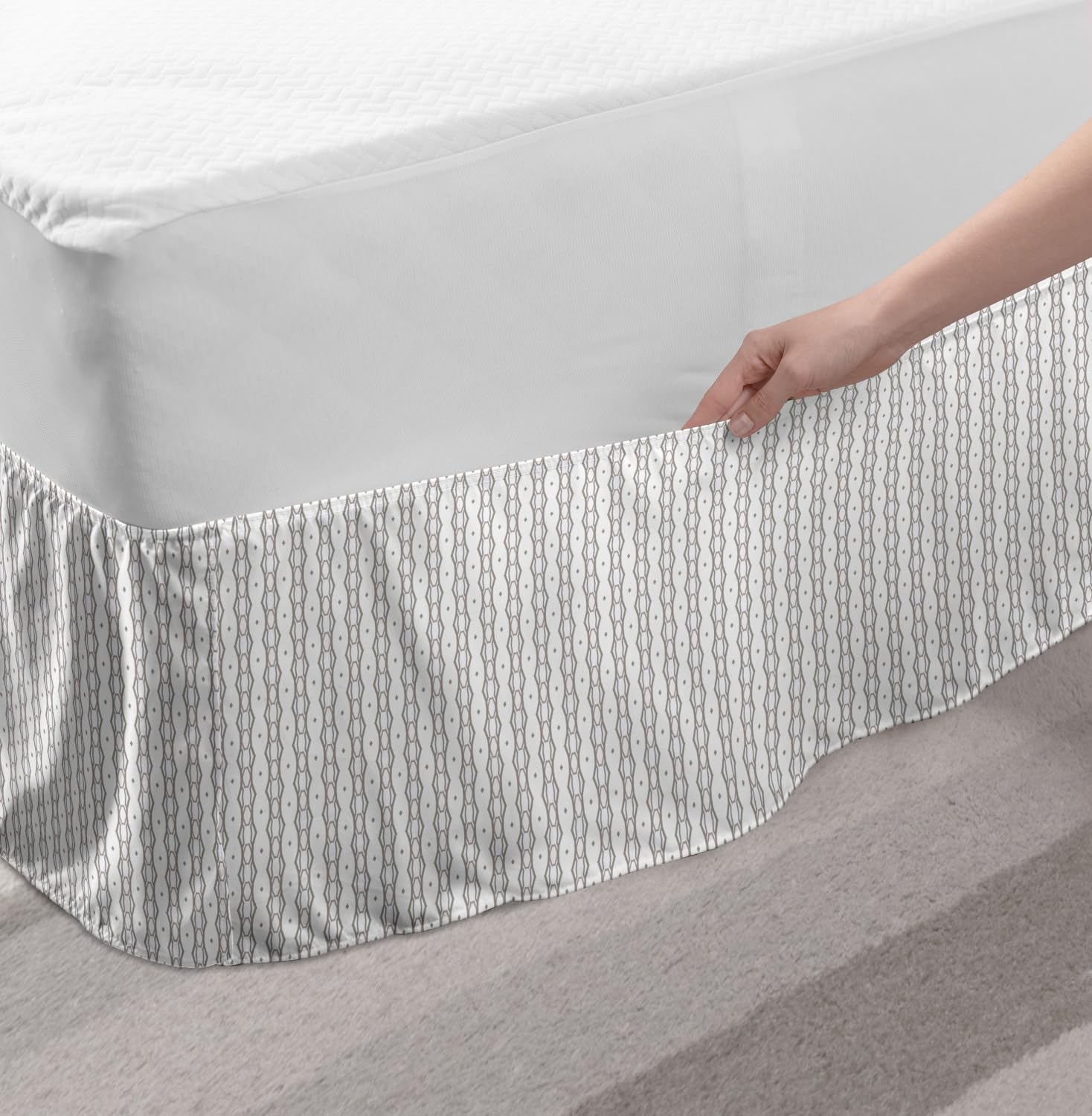 Ambesonne Abstract Bed Skirt with Geometric Patterns - Elastic Wrap Around Dust Ruffle for Queen Size Beds | White & Dark Eggshell | Modern Bedroom Decor & Home Styling