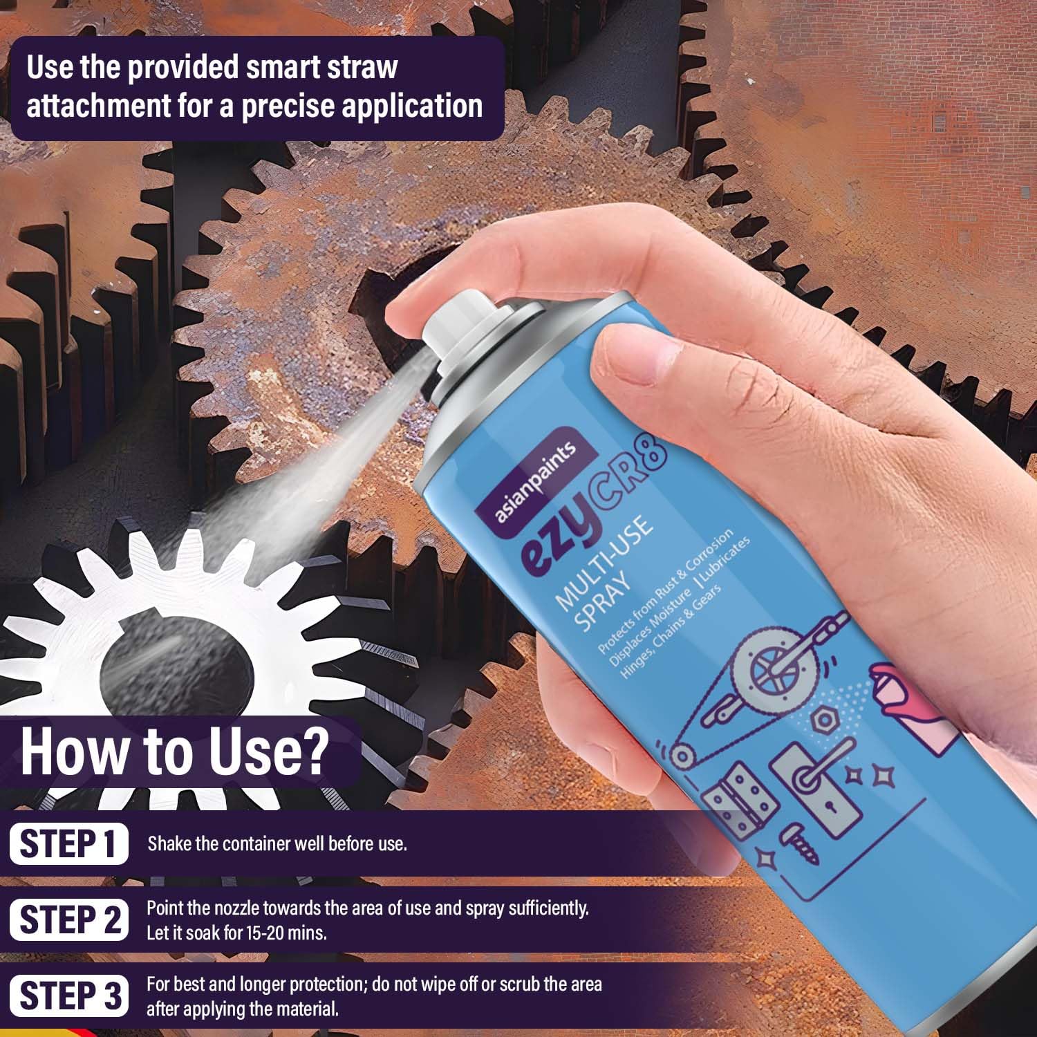 Asian Paints ezyCR8 Multipurpose Spray - Rust Remover & Cleaner for Auto & Home Use