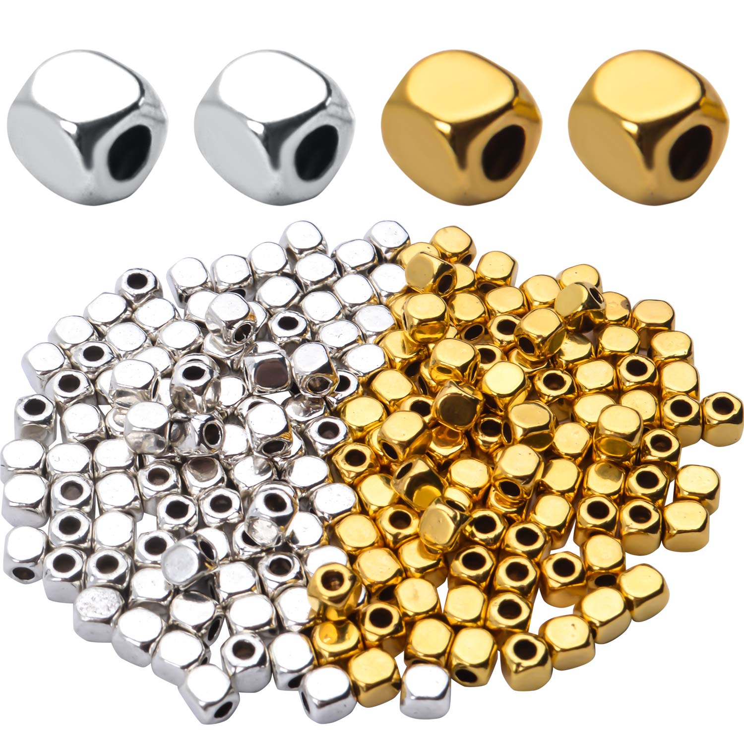 200pcs 3.5mm Square Cube Spacer Beads for Jewelry Making - Gold & Silver DIY Beads for Bracelets, Necklaces & Craft Projects - Perfect for Handmade Jewelry & Gift Making