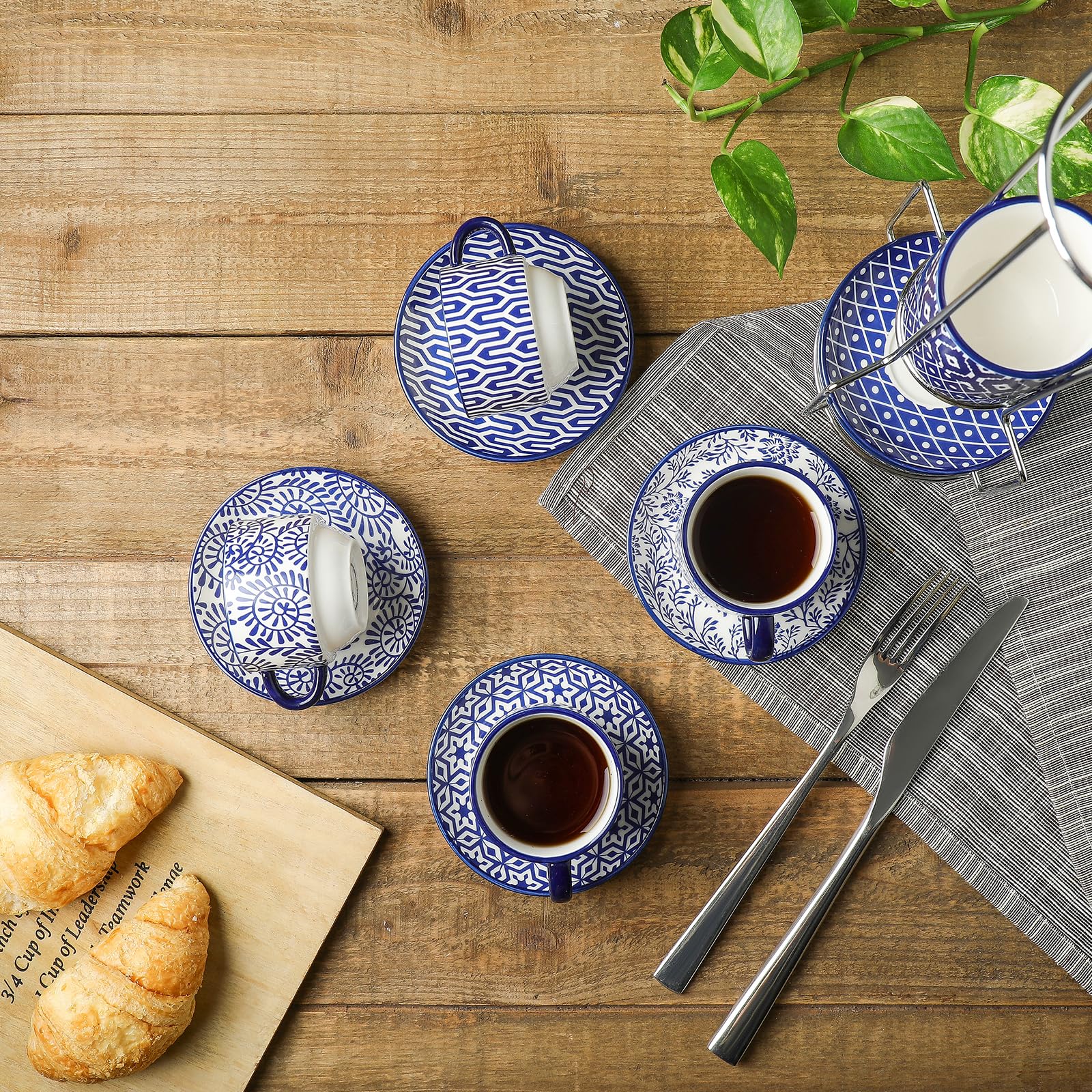 Selamica 6-Piece Vintage Blue Ceramic Espresso Cup Set with Saucers & Metal Stand - 2.5 oz Stackable Demitasse Cups for Latte, Coffee, Café Mocha & Tea - Perfect for Home Coffee Bars, Italian Restaurants & Gift Giving
