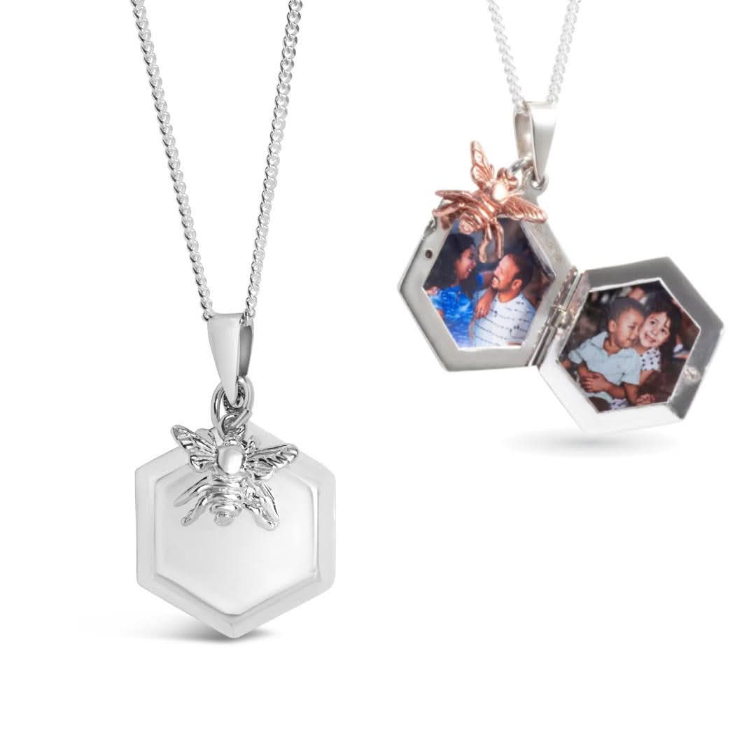 Bee Locket Necklace in White Gold - Personalized Photo Pendant for Women - Perfect for Anniversaries, Birthdays & Memorial Gifts