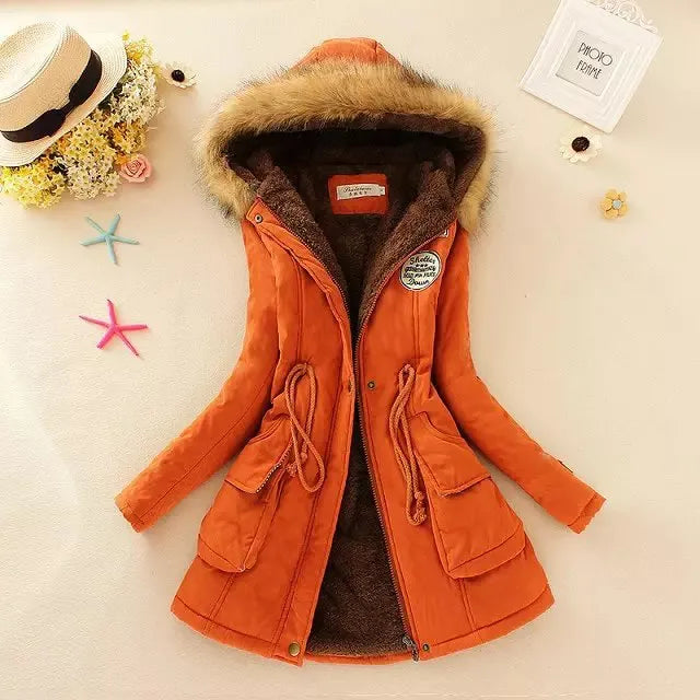 Women's Cotton Padded Jacket - Slim Fit Embroidered Hooded Parka for Autumn & Winter | Warm Quilted Overcoat for Casual Wear & Outdoor Activities