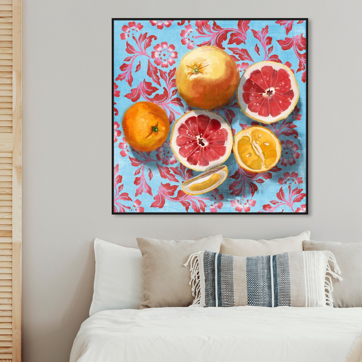 Tropical Citrus Still Life Blue Framed Canvas Wall Art Print - Sour Fruit Kitchen Decor for Cabin & Lodge - Perfect for Farmhouse, Dining Room & Country Style Homes