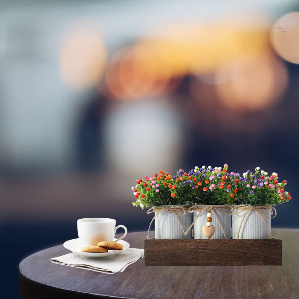 Rustic Wooden Tray with 3 Metal Potted Artificial Milan Flowers - Farmhouse Centerpiece Decor for Dining Table, Living Room & Kitchen | Perfect for Wedding, Party & Home Styling