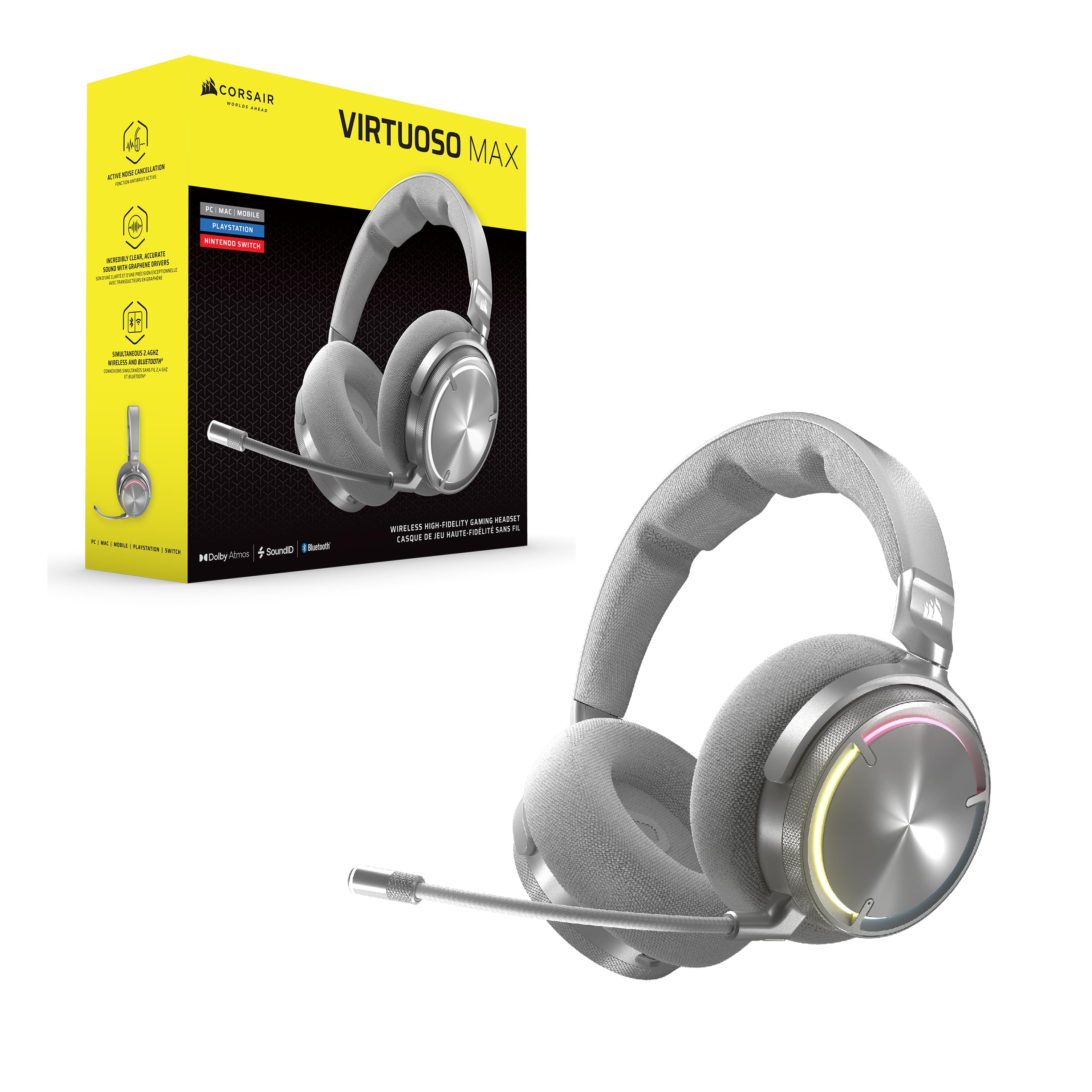 Corsair Virtuoso MAX Wireless Gaming Headset with Dolby Atmos & ANC - 50mm Graphene Drivers, 2.4GHz/Bluetooth Dual Connectivity - Compatible with PC, Mac, PS5, PS4 (Silver) - Perfect for Competitive Gaming, Streaming & Home Entertainment