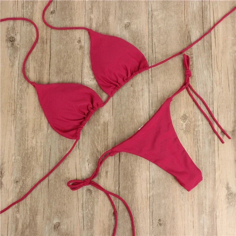 2 Pcs Women's Sexy Solid Color Bikini Set - Halter Neck Strap Thong Swimwear Bathing Suit for Beach, Pool Party & Summer Vacation