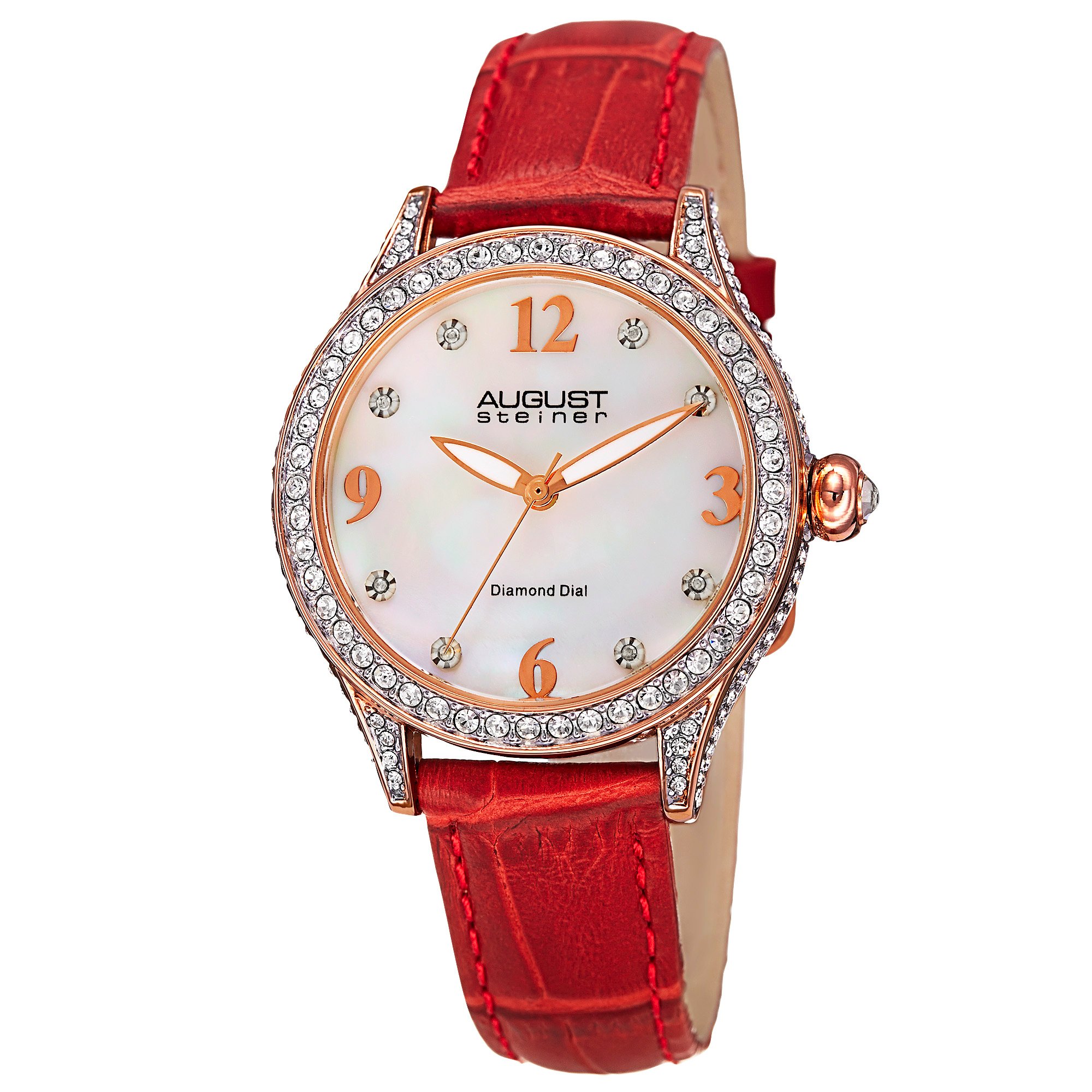 August Steiner Women's Crystal Watch with 8 Diamond Hour Markers & Mother of Pearl Dial - Luxury Embossed Leather Bracelet AS8188 - Perfect for Business, Parties & Special Occasions