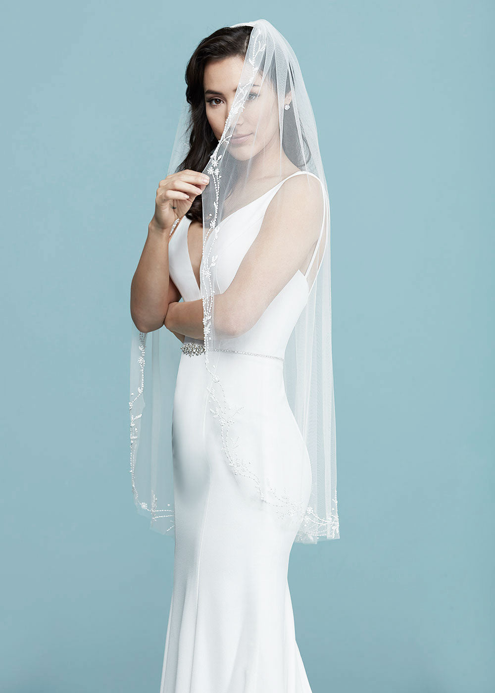 Peyton Veil Fingertip Wedding Veil With Beaded Edging - Elegant Bridal Accessory for Ceremony & Photography