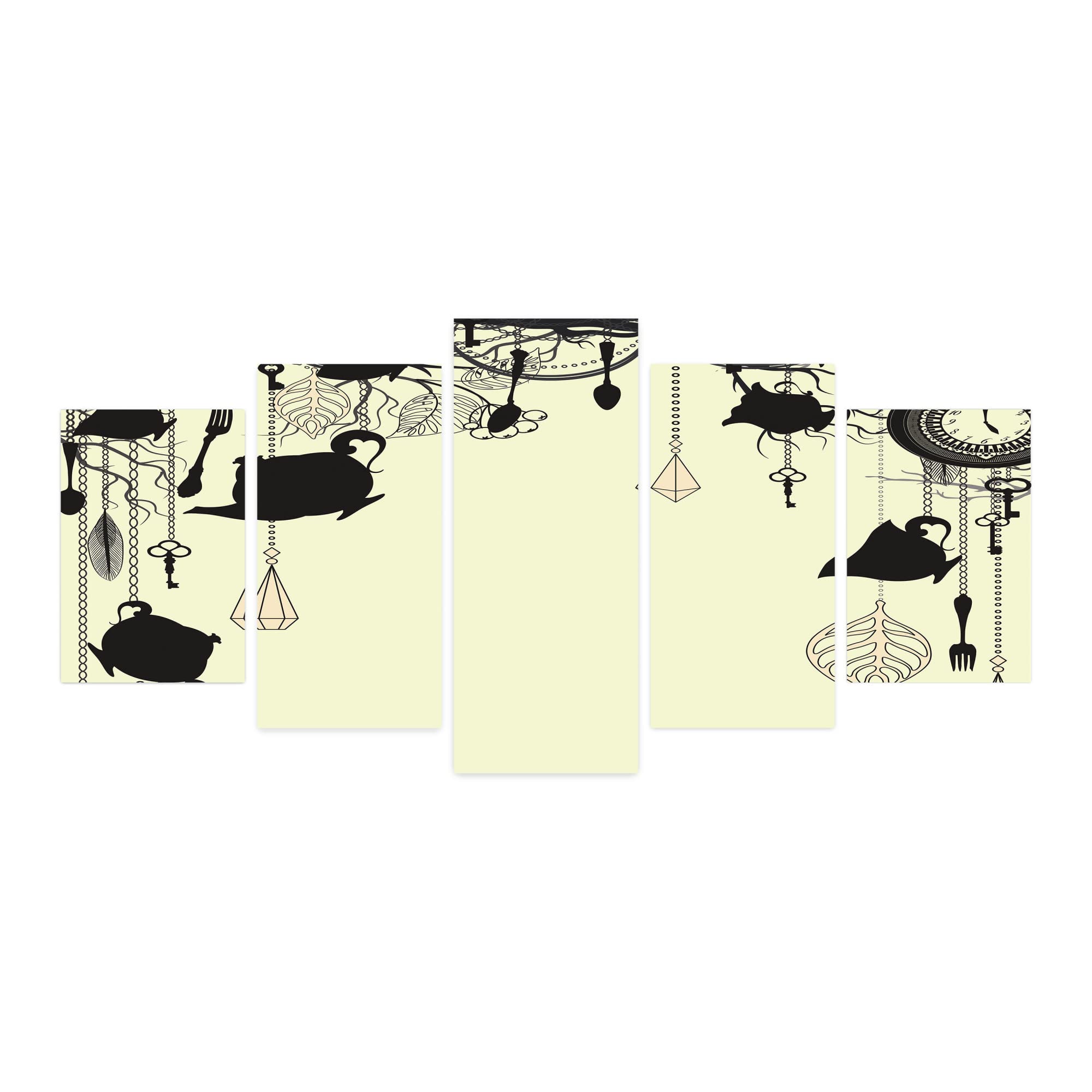 Ambesonne Vintage Tea Party Wall Art - 5 Panel Acrylic Glass Decor with Diamond Forks, Spoons, Cups & Leaves Design - 60