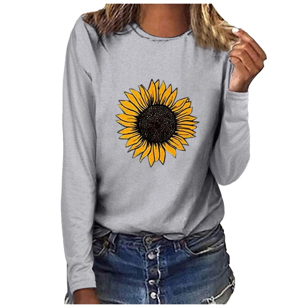 Women's Long Sleeve Sunflower Print T-Shirt - Trendy Casual Blouse for Summer 2023 - Perfect for Parties, Work & Everyday Wear
