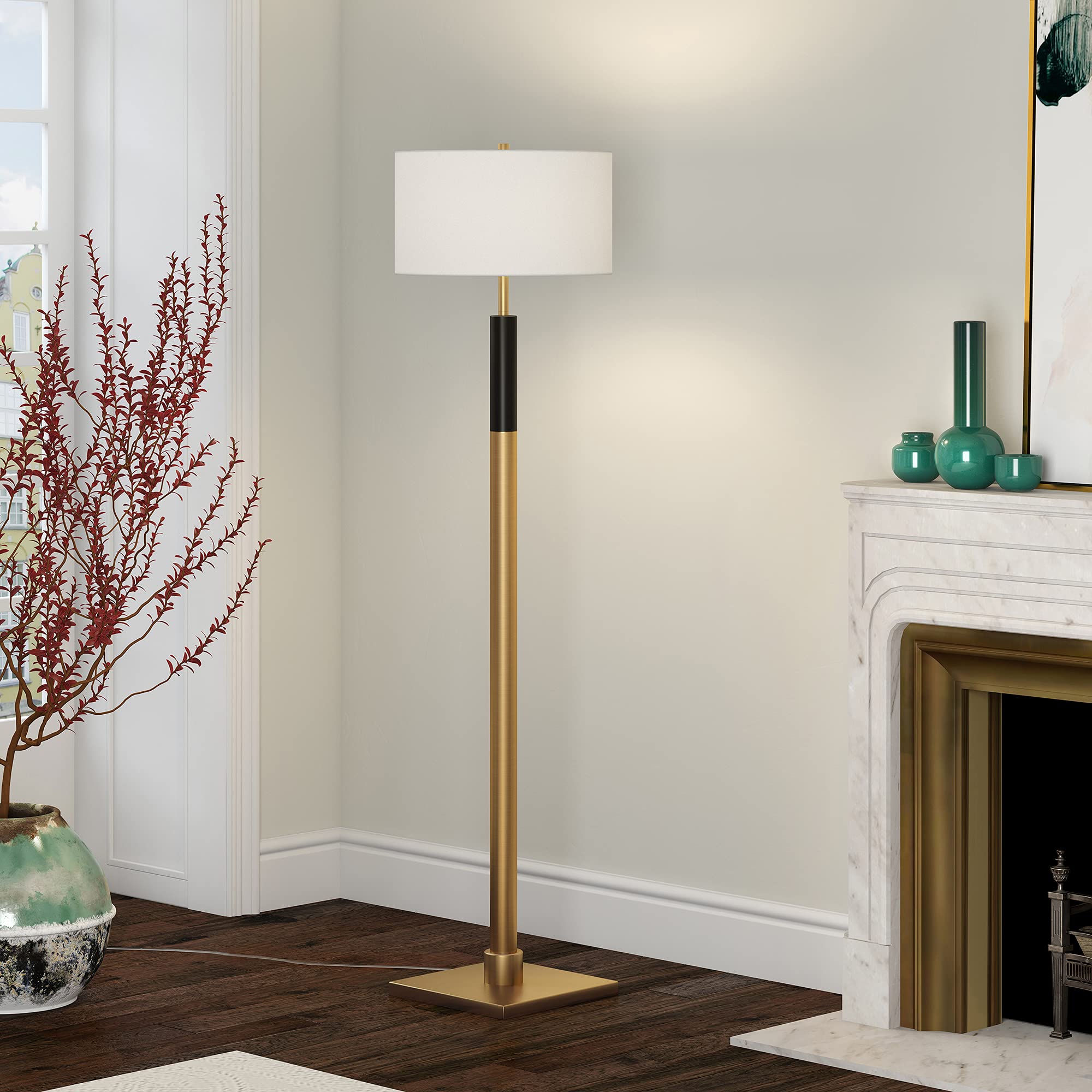 Henn&Hart Two-Tone Floor Lamp with Fabric Shade - Brass/Black/White Modern Standing Light for Living Room, Bedroom, Office | Adjustable Brightness for Reading & Relaxation | Dimmable LED Floor Lamp for Home Decor