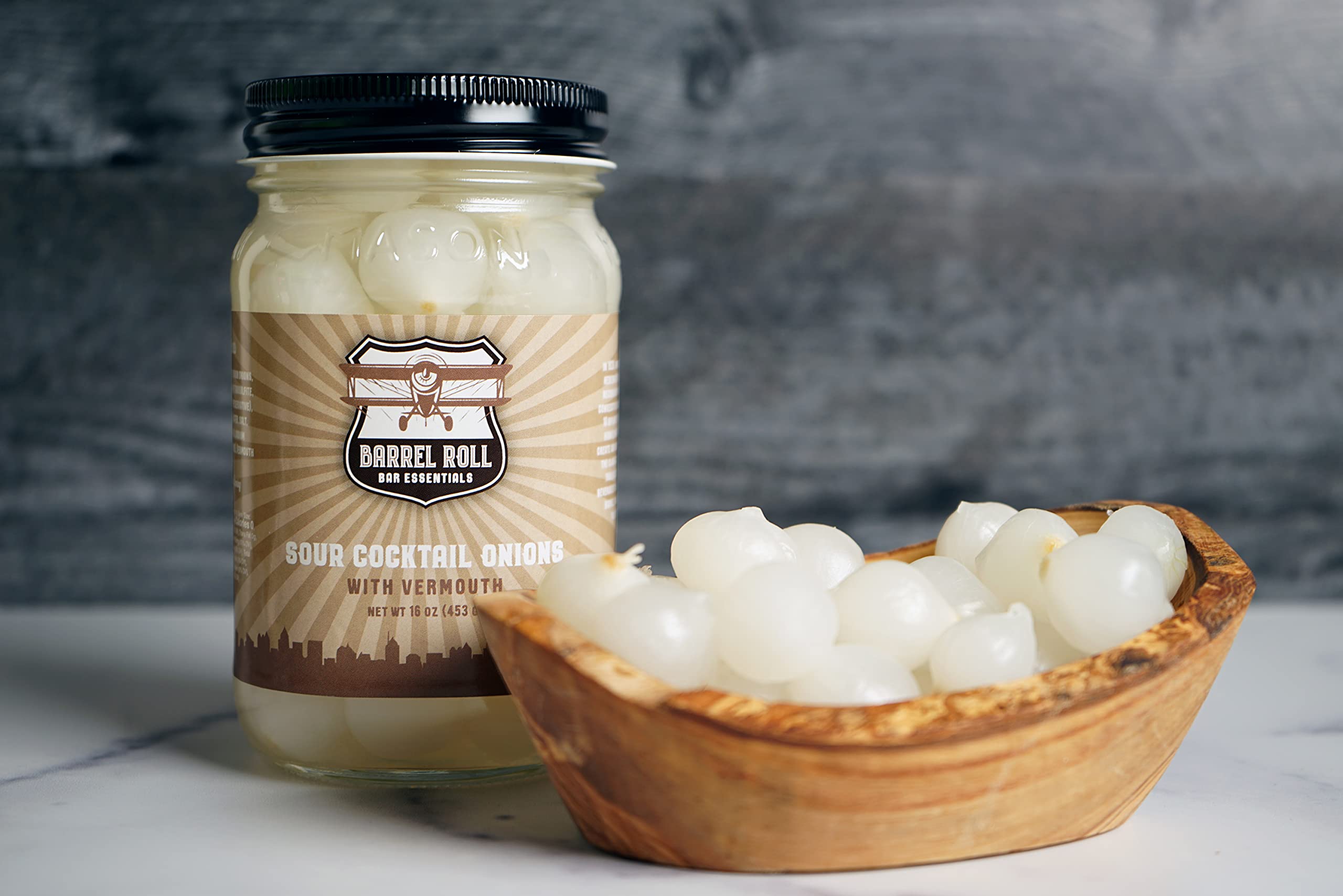 Barrel Roll Bar Essentials Cocktail Onions - Classic Sour Silver Skin Pickled Onions in Vermouth & Salty Vinegar - Perfect for Gibson & Bloody Mary Cocktails - Gourmet Drink Garnish - 16oz - Ideal for Home Bars, Cocktail Parties & Upscale Mixology
