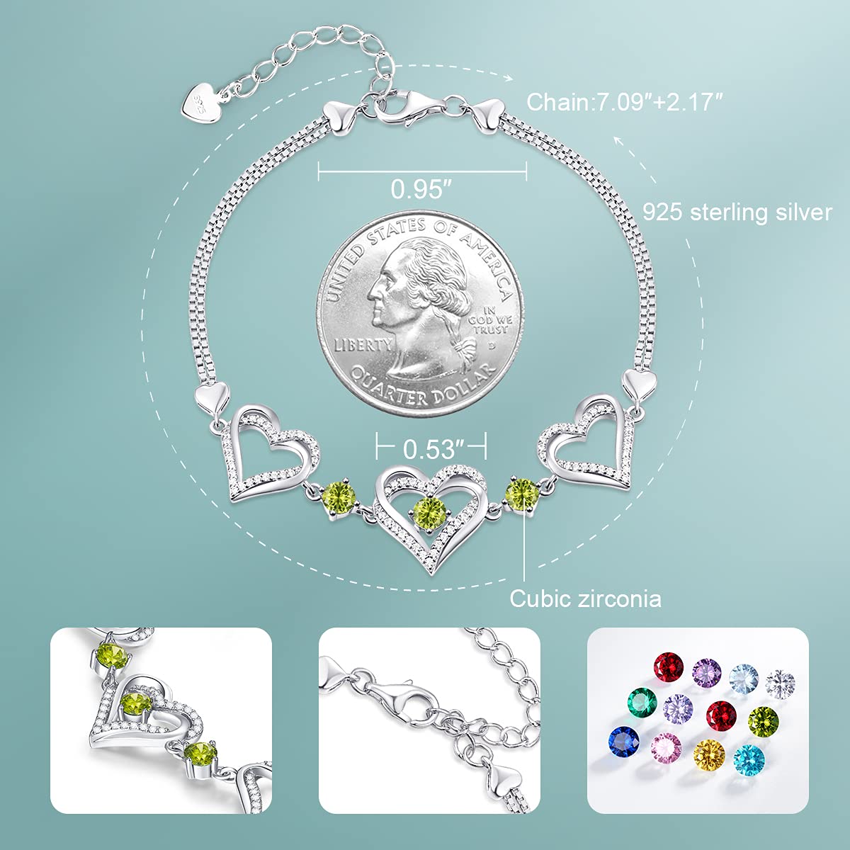 Forever Love Heart Charm Link Bracelet for Women - 925 Sterling Silver Birthstone Bracelet | Mother's Day, Anniversary, Christmas & Birthday Gift for Women, Wife & Girlfriend | Perfect for Romantic Occasions, Date Nights & Special Celebrations