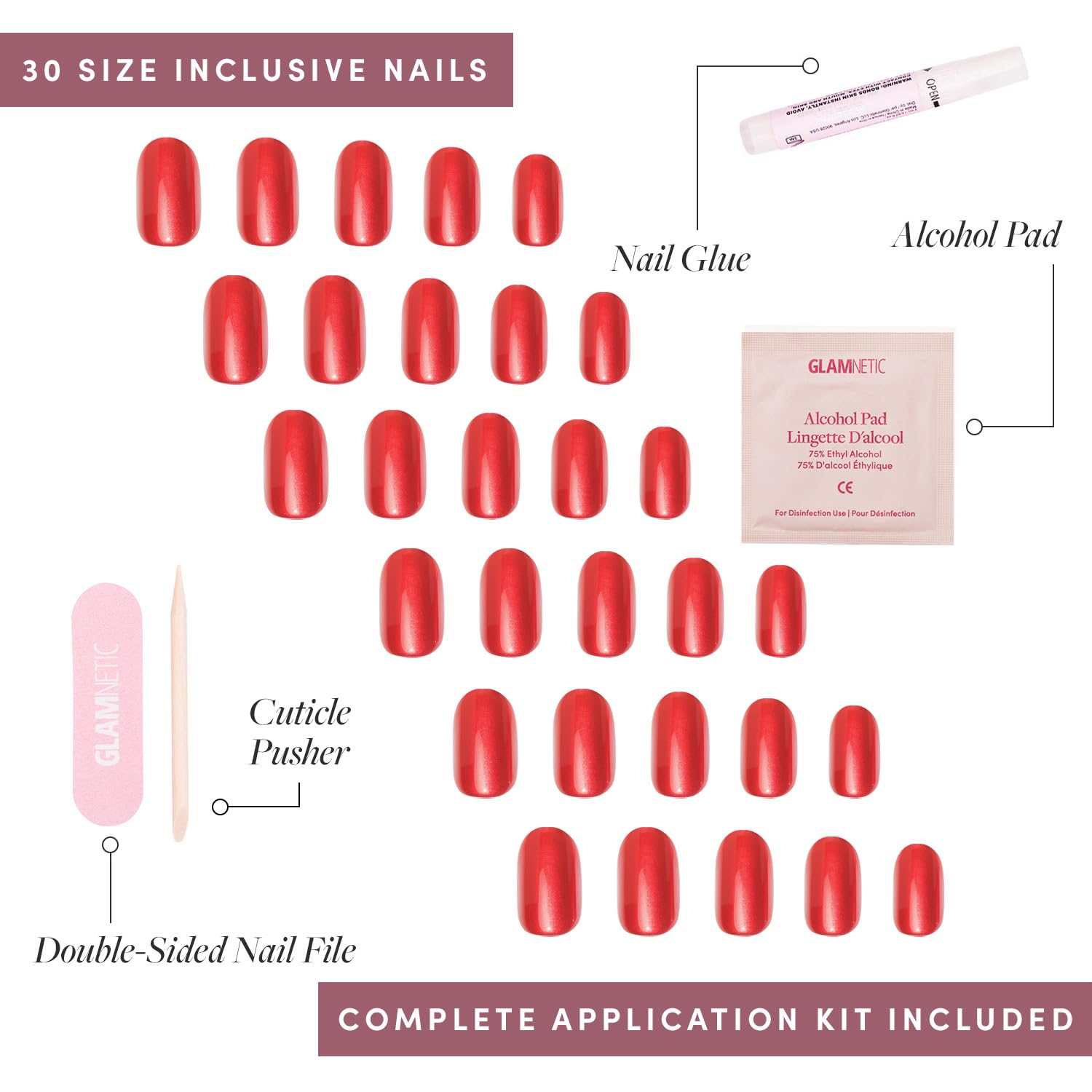 Glamnetic Press On Nails - Cherry Glaze | Short Round Bright Cherry Red Fake Nails with Glossy Finish | 15 Sizes & 30 Pieces Kit with Nail Glue | Perfect for Parties, Weddings, and Everyday Wear