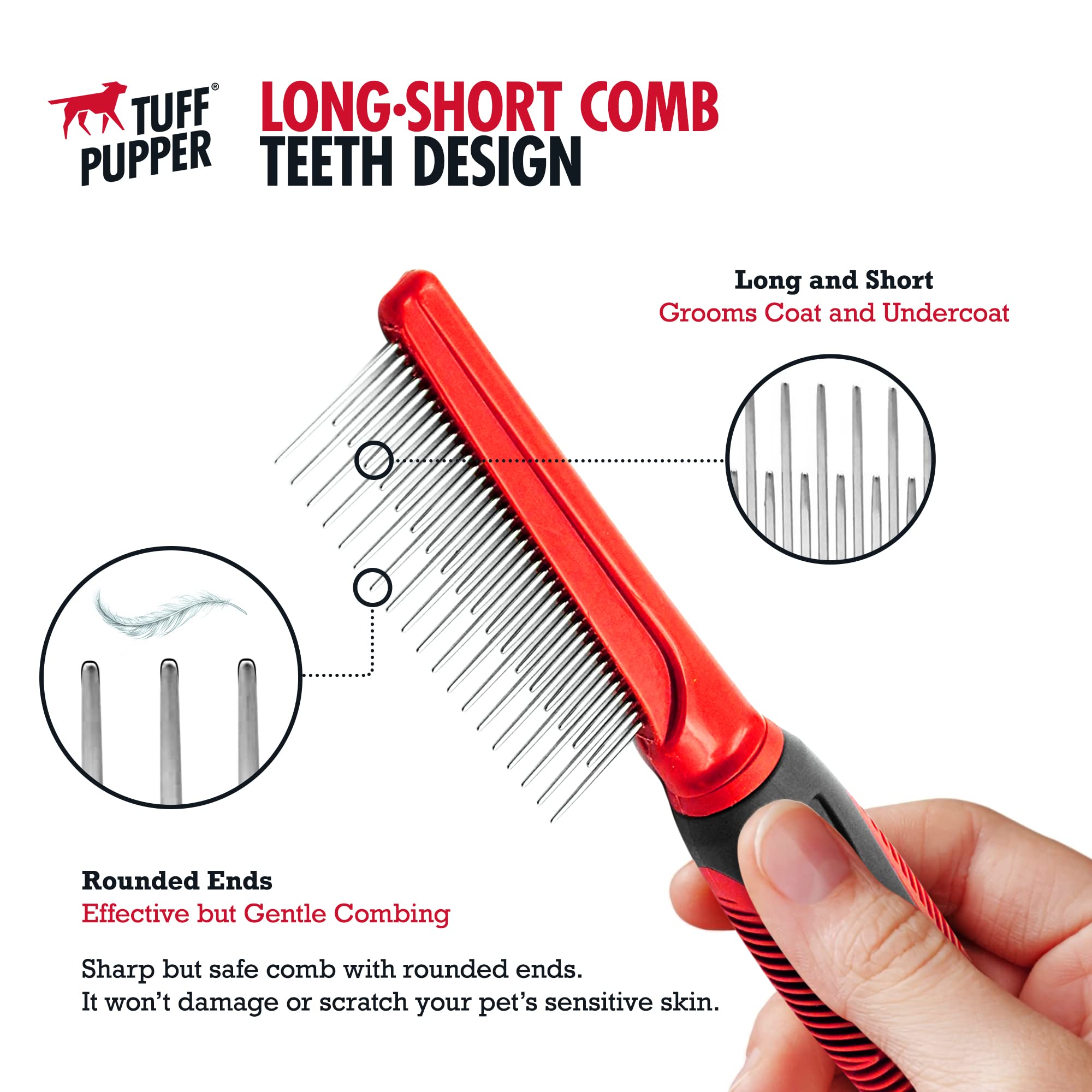 Tuff Pupper Dual Length Detangling Dog Comb - Short & Long Teeth for Outer & Inner Coat | Ergonomic Pet Grooming Comb with No-Slip Handle & Rounded Tips | Perfect for Brushing, Shedding Control, and Gentle Detangling at Home or Professional Grooming
