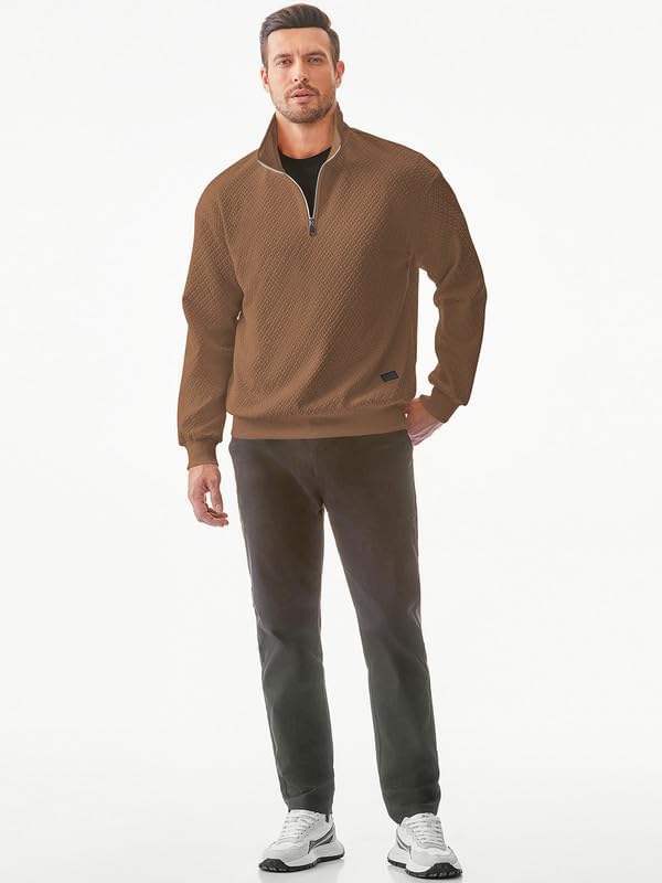Men's Quarter Zip Sweatshirt - Casual Mock Neck Pullover with Geometric Waffle Texture | Long Sleeve Solid Color Sweater for Work, Outdoor & Lounge Wear