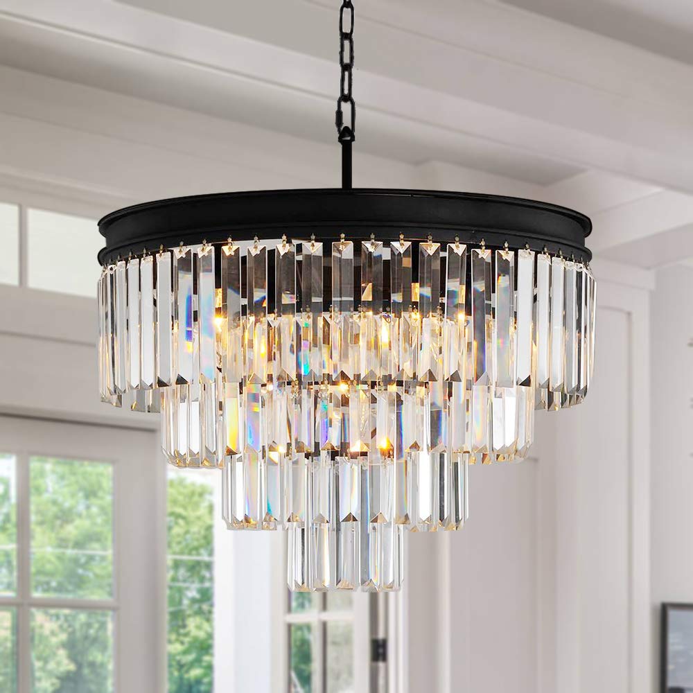 Modern Crystal Chandelier Lighting Fixture - Round Raindrop Fringe Pendant Ceiling Light for Dining Room, Living Room & Entryway | Elegant Home Decor for Weddings, Restaurants & Luxury Spaces