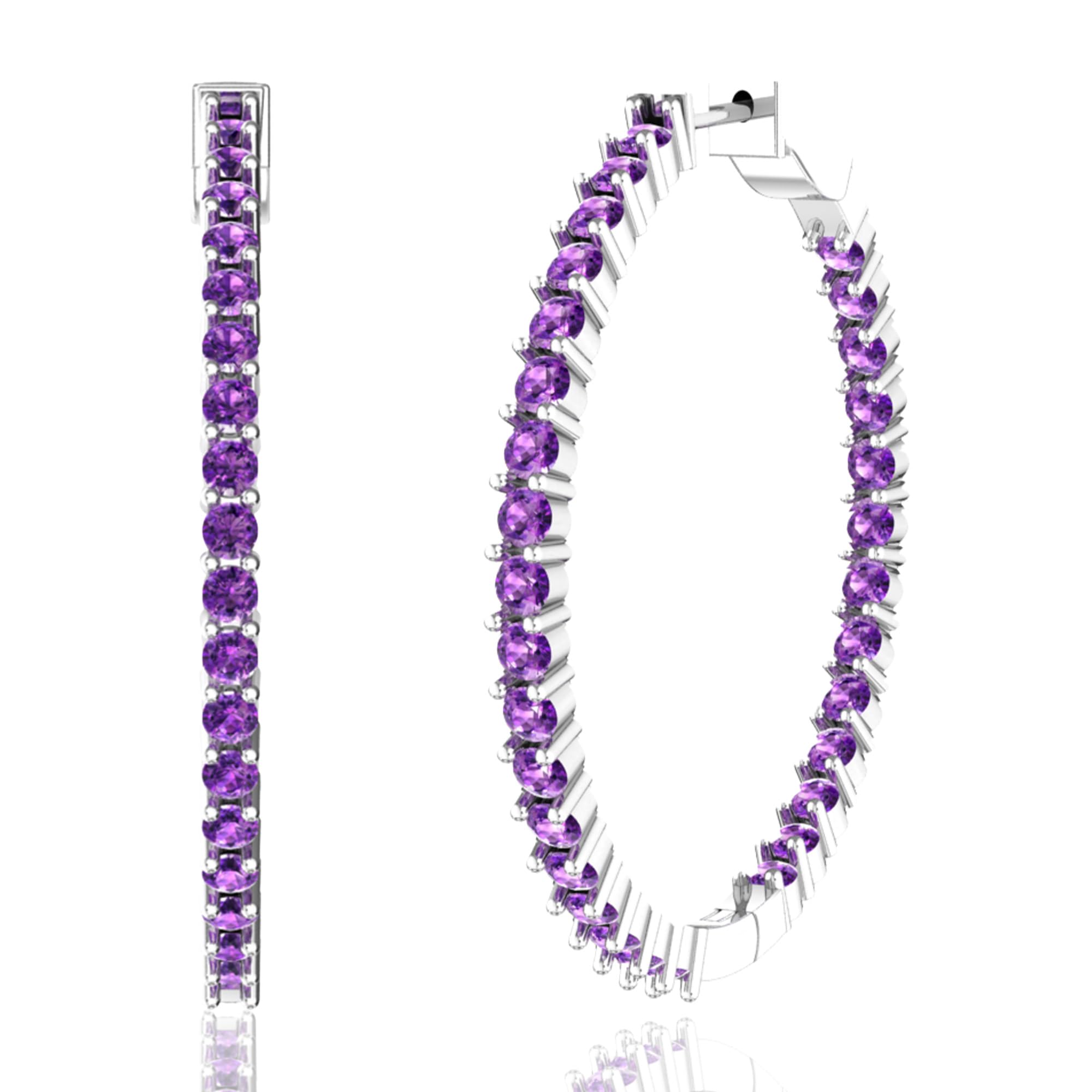 62 Colored Gemstone Hoop Earrings for Women - 925 Sterling Silver Birthstone Eternity Earrings with Push Back Closure (1.73