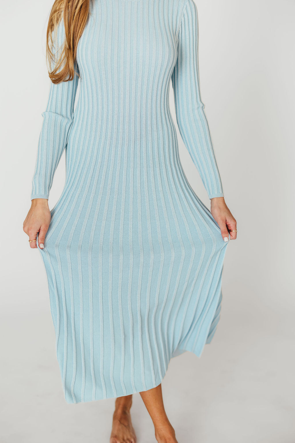 Lacey Long Sleeve Ribbed Sweater Dress in Sky Blue | Bump Friendly Maternity Dress | Soft Stretchy Knit for Pregnancy & Nursing | Perfect for Fall, Winter & Special Occasions