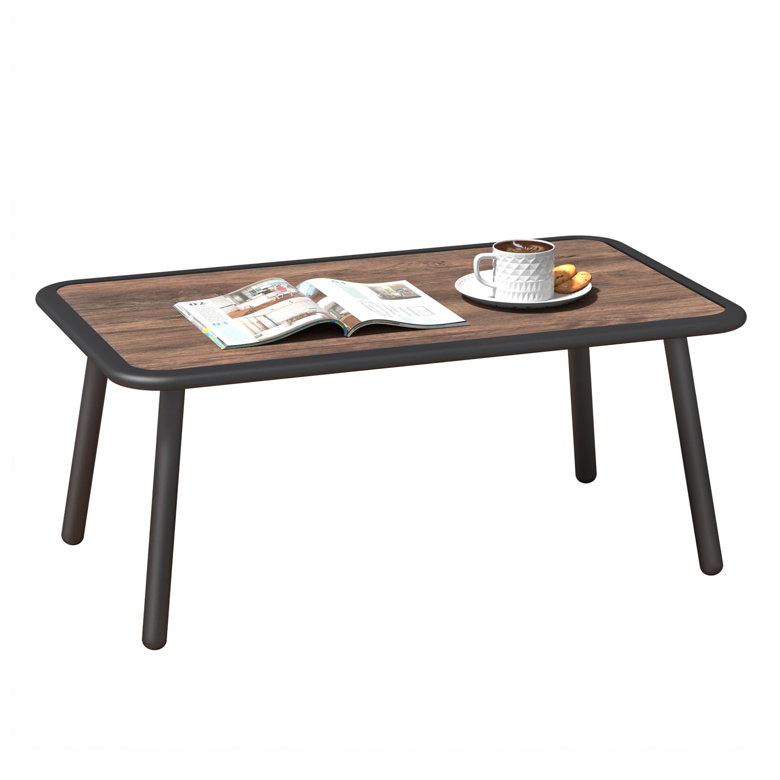 Rustic Metal Outdoor Coffee Table with Wood Look Top - Small Rectangle Side Table for Patio, Garden, Deck or Poolside Use