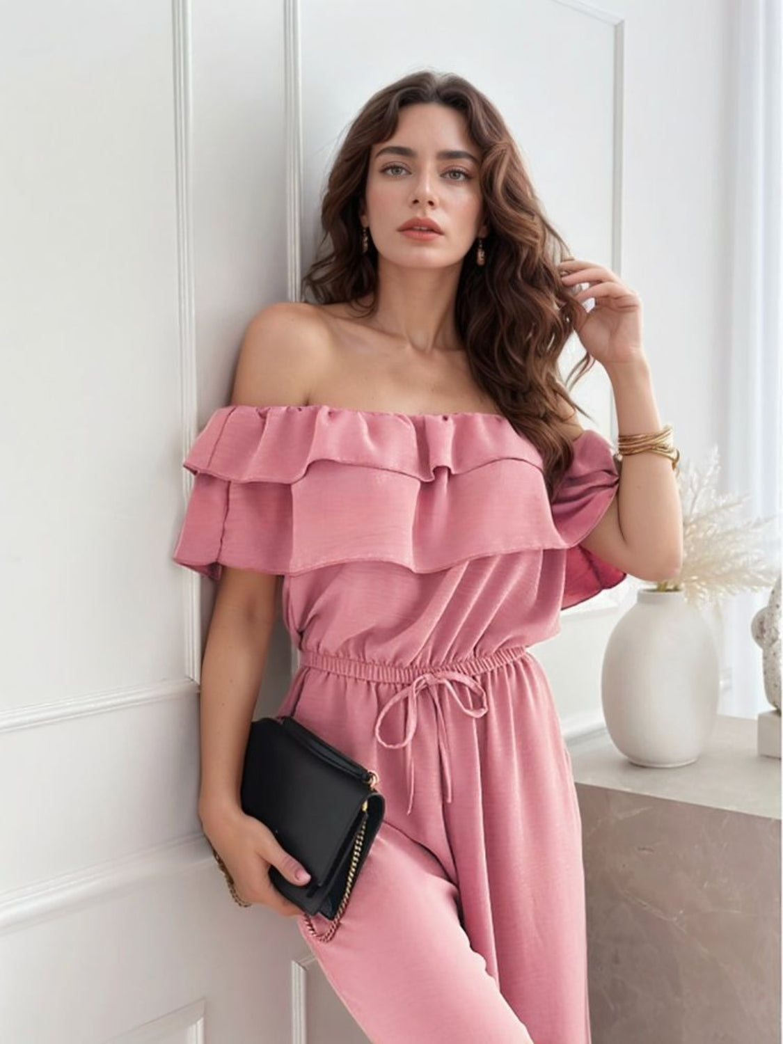 Elegant Ruffled Off-Shoulder Wide Leg Jumpsuit for Women - Perfect for Beach Vacation, Summer Resort Wear & Boho Chic Outfits