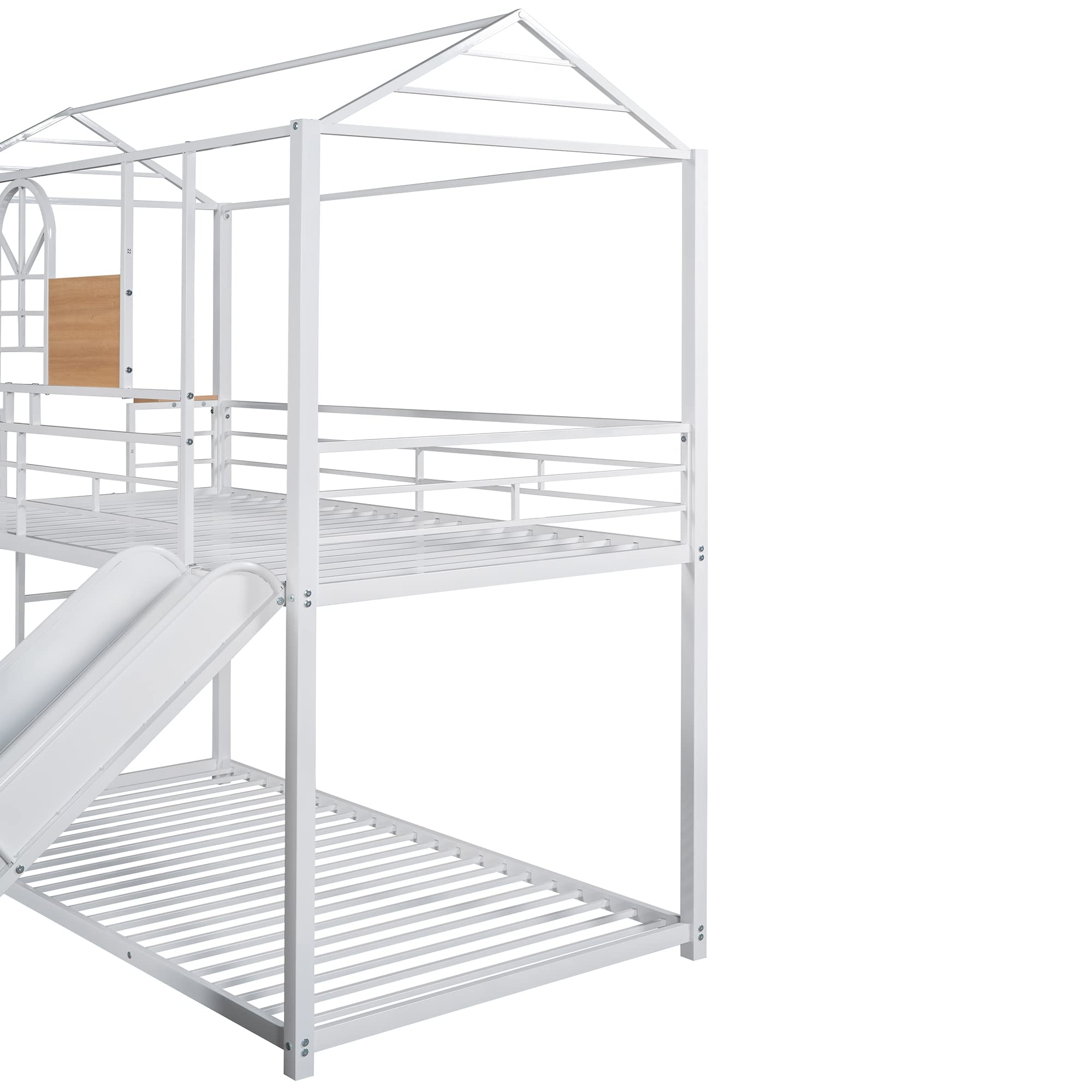 **Metal Twin Over Twin Bunk Bed Frame for Kids & Toddlers - Low Cabin Bunk Bed with Ladder & Slide - No Box Spring Needed - White - Perfect for Small Rooms, Shared Kids' Bedrooms & Sleepovers**