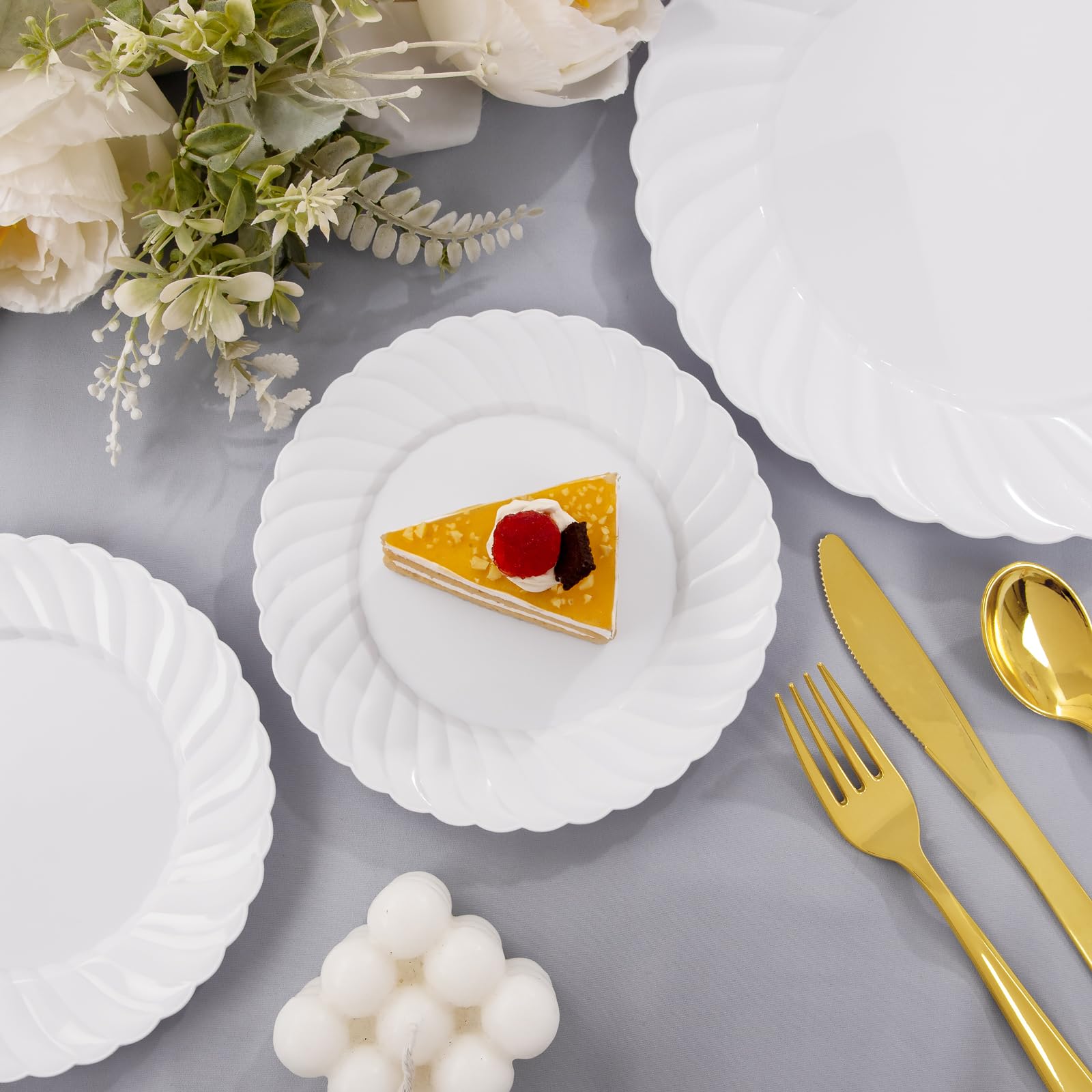 150-Pack White Plastic Dinner Plates & Gold Silverware Set - Heavy Duty Disposable Plates for Parties, Mothers Day, Events - Includes 30 Dinner Plates, 30 Dessert Plates, 30 Gold Plastic Cutlery - Perfect for Birthday Celebrations, Wedding Receptions & Holiday Gatherings