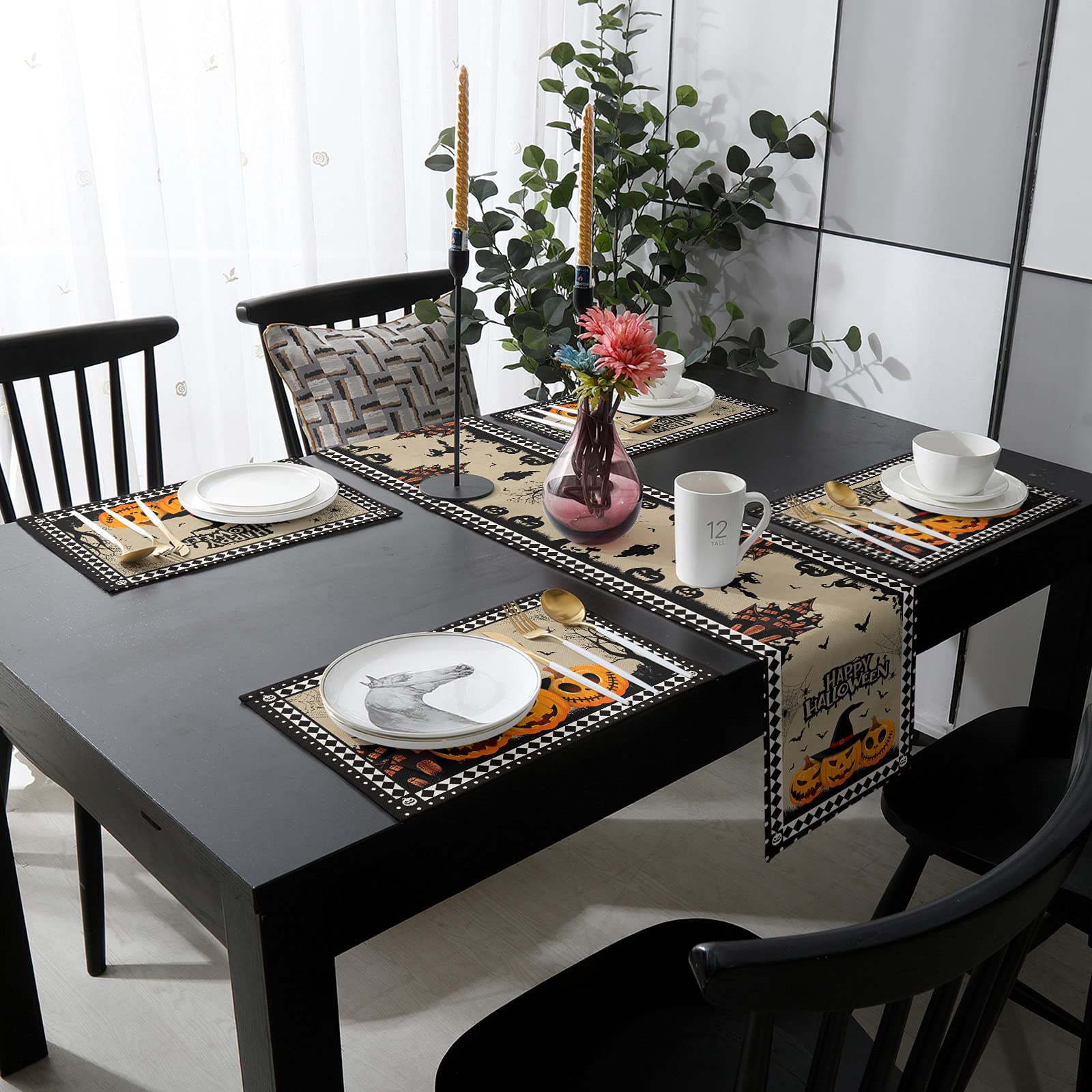 Happy Halloween Table Runner and Placemats Set - 6-Piece Pumpkin & Witch Hat Design with Haunted House Print - 90 Inch Heat-Resistant Cotton Linen Dining Table Runner & Washable Placemats - Perfect for Spooky Dinner Parties, Fall Decor, and Holiday Home Decorating