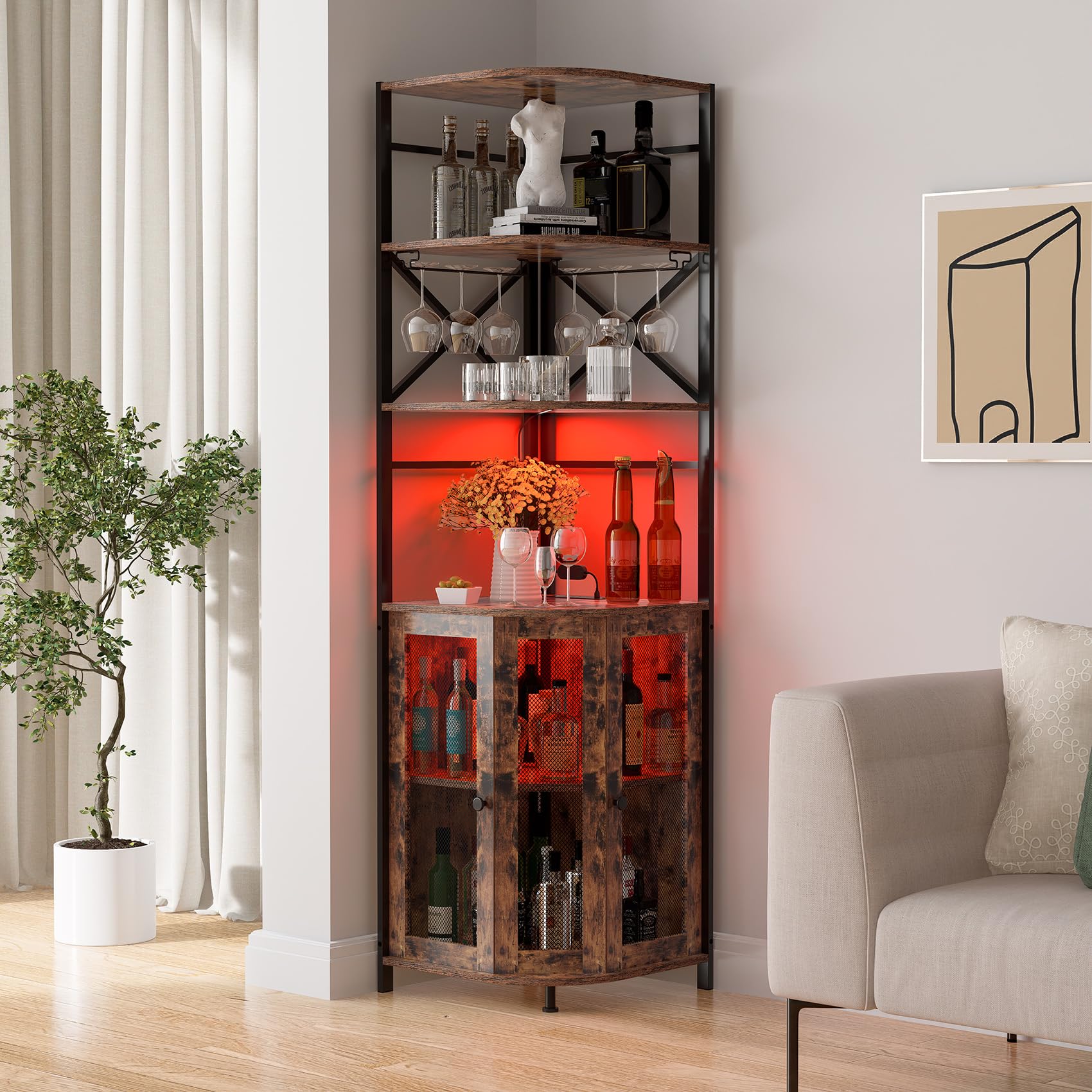 Industrial 6-Tier Wine Bar Cabinet with LED Lights, Power Outlet & Adjustable Glass Shelves - Corner Liquor Storage Cabinet for Home Bar, Dining Room or Christmas Gift