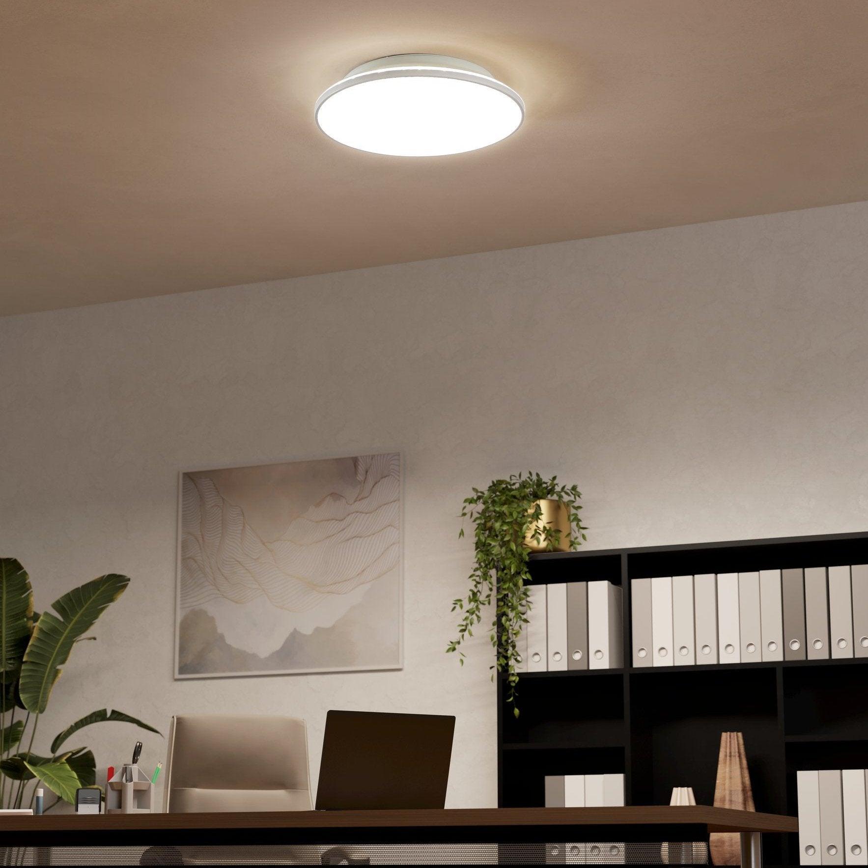 Eglo Crespillo 15 Inch White LED Round Flush Mount Ceiling Light - Modern Dimmable Fixture for Bedroom, Kitchen, Hallway Lighting
