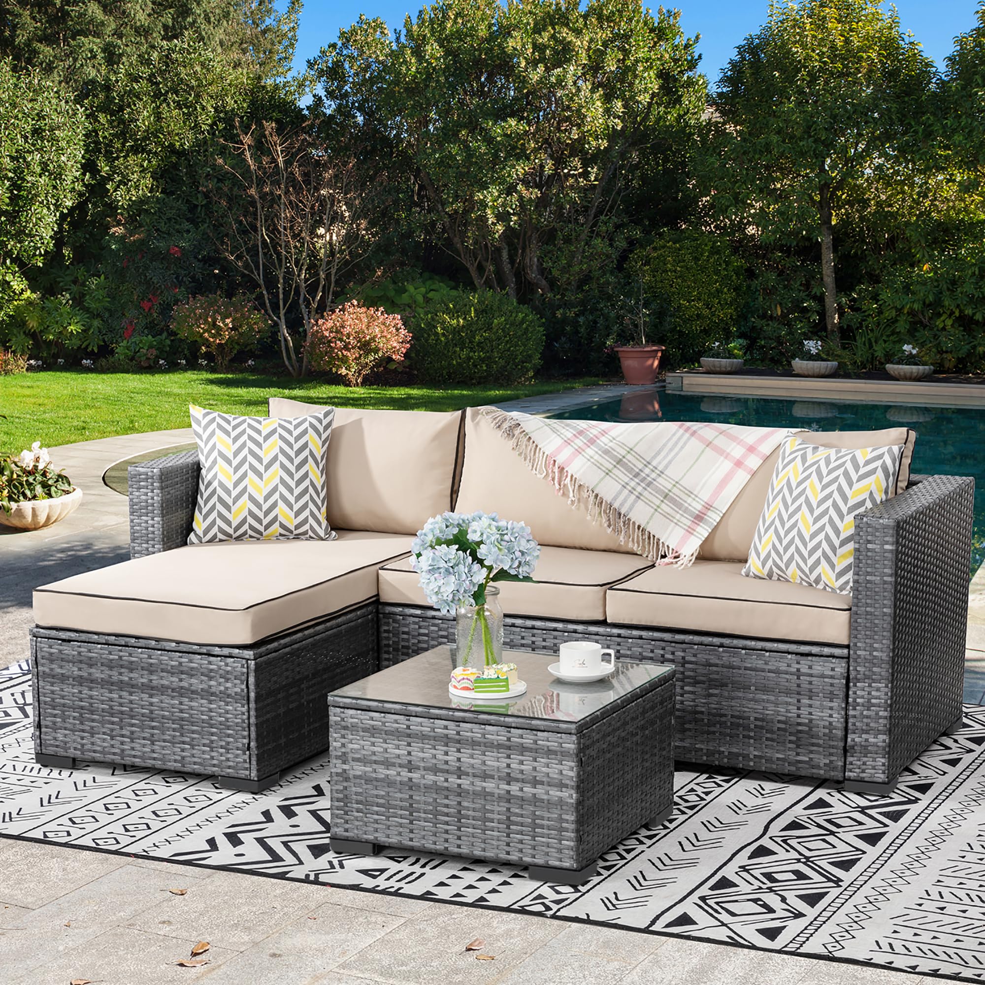 **JAMFLY 3-Piece All-Weather Outdoor Patio Furniture Set - Rattan Sectional Sofa with Tea Table & Cushions, Durable Wicker Patio Set (Khaki) - Perfect for Backyard, Garden, Poolside & Balcony Relaxation**
