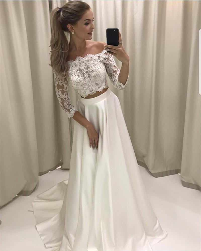 Boho Style Lace Sleeved Two Piece Wedding Dresses | Beach Bridal Gowns for Outdoor Ceremonies & Destination Weddings | Perfect for Boho-Chic Brides & Seaside Vows
