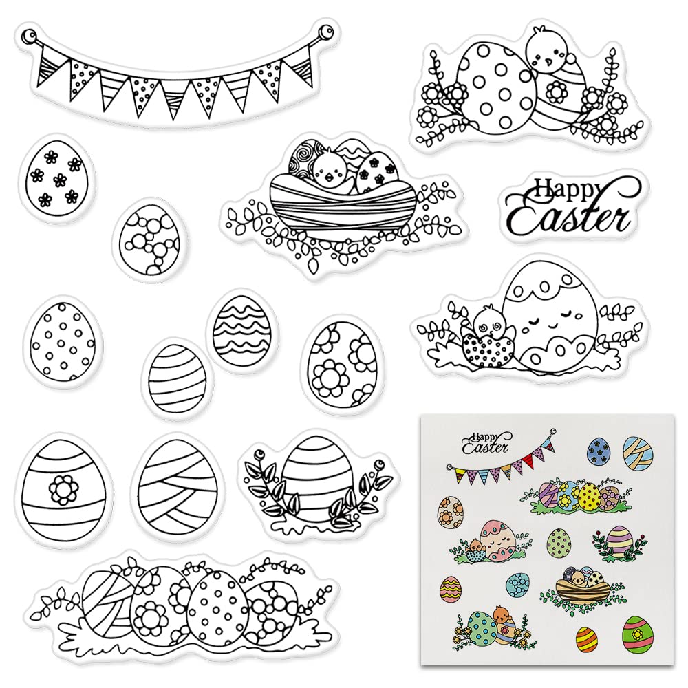 Easter Egg Clear Stamps Set for Card Making, Scrapbooking & DIY Crafts - Floral Leaves Frame, Easter Words, Chick & Henhouse Designs - Perfect for Greeting Cards, Invitations, Journaling and Spring Decorations