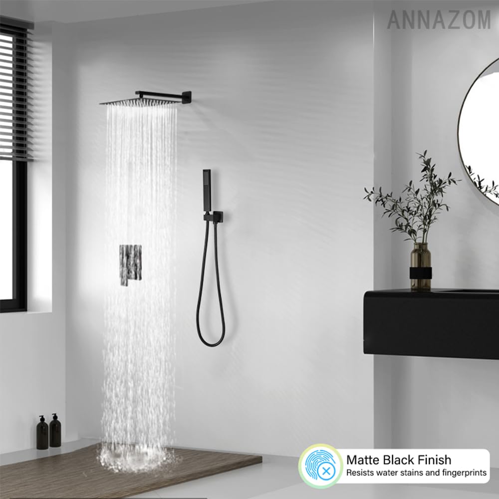 Premium Matte Black Rain Shower System - 10 Inch High Pressure Square Shower Head with Handheld Sprayer - Luxury Wall Mounted Bathroom Shower Faucet Complete Combo Kit for Modern Home Spa Experience