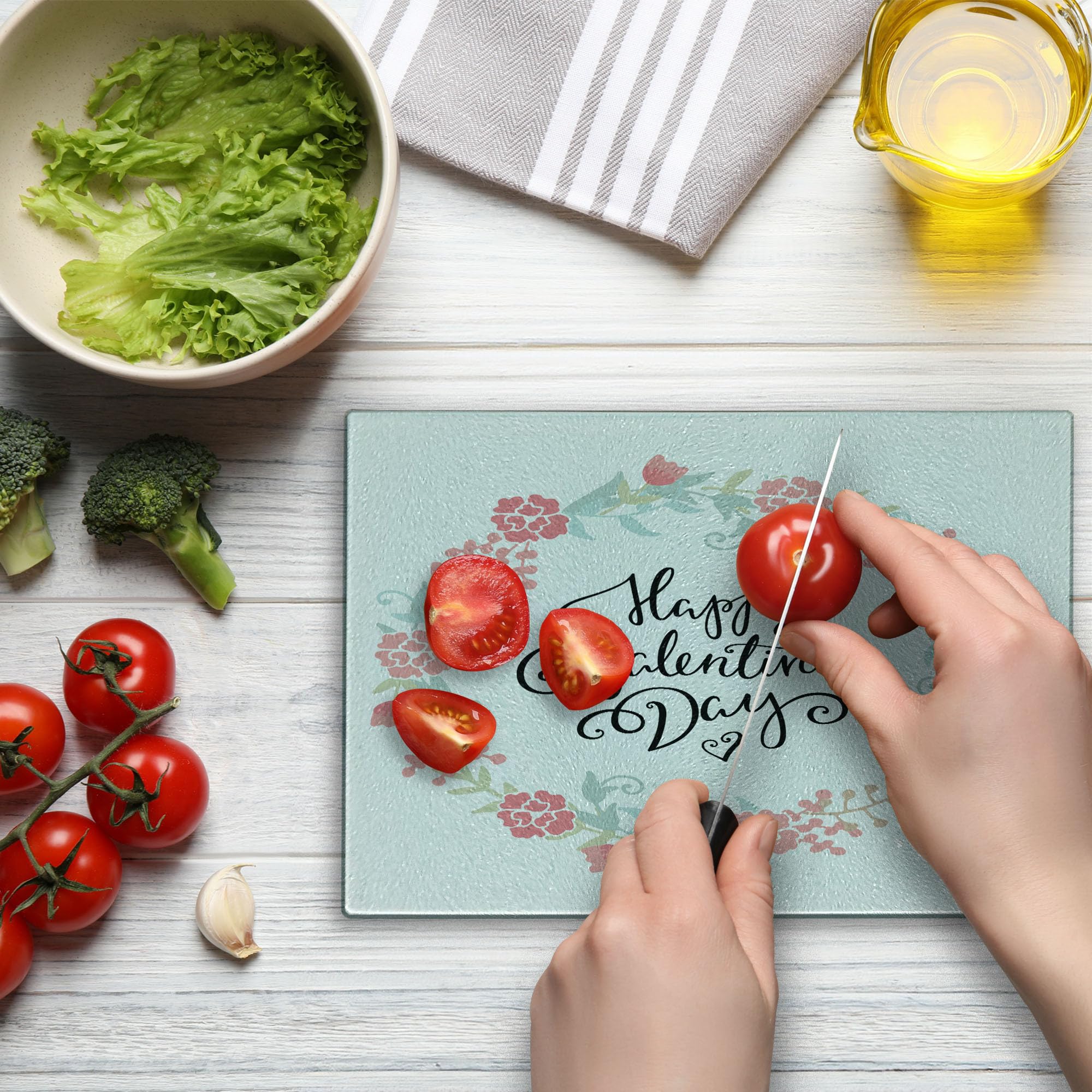 Ambesonne Valentine's Day Cutting Board - Floral Flowers, Roses, Tulips with Heart Frame - Tempered Glass Decorative Serving Board - Small Size White & Black - Perfect for Romantic Dinners & Kitchen Decor