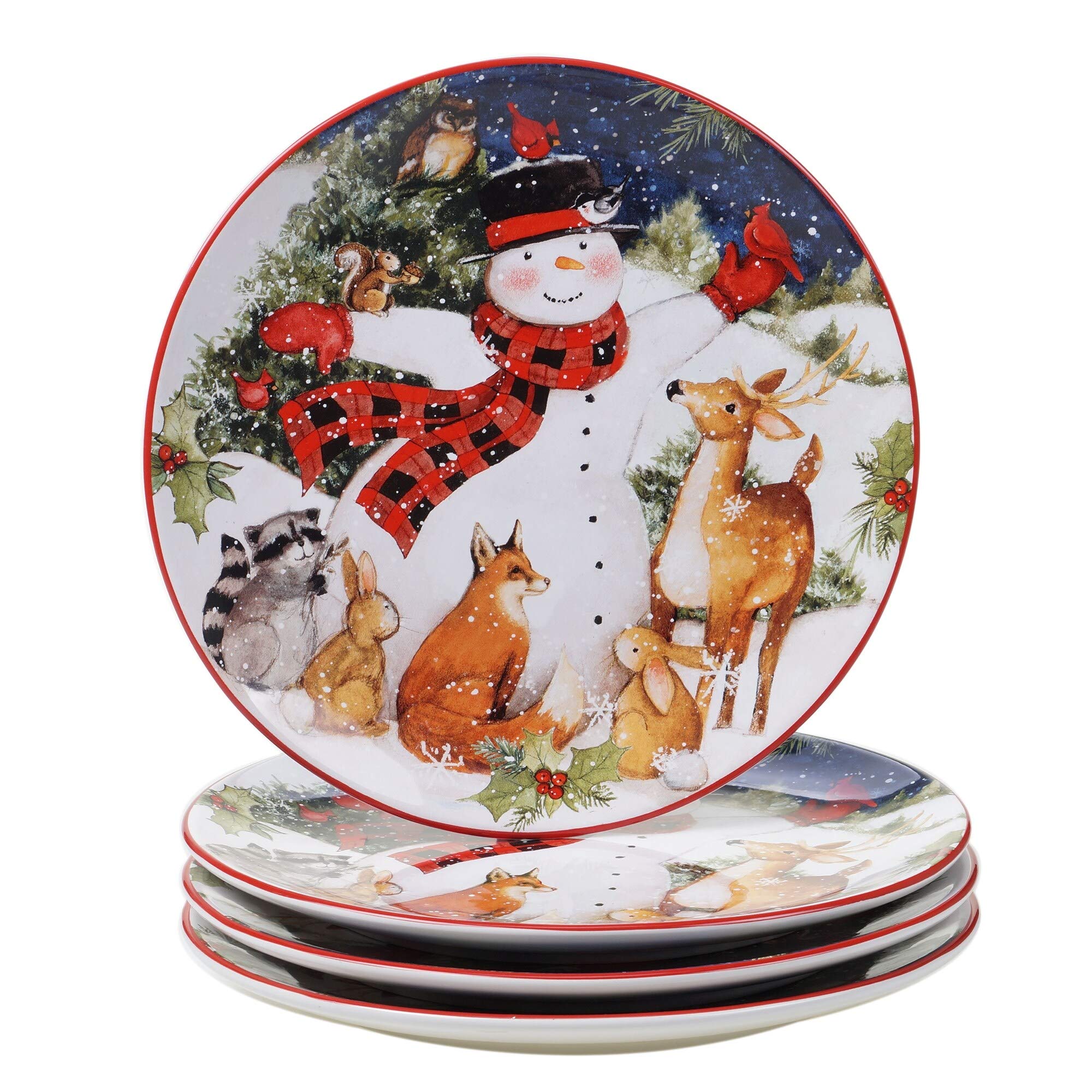 Magic of Christmas Snowman 16-Piece Dinnerware Set - Service for 4, Green Multi-Color Red Animal Print - Casual Modern Round Plates & Bowls - Dishwasher & Microwave Safe - Perfect for Holiday Parties & Family Gatherings