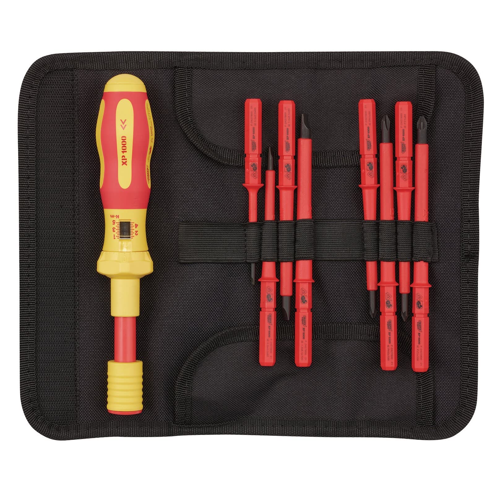 Draper XP1000 9-Piece Torque Screwdriver Set - VDE Dual Insulated Interchangeable Blade Electrical Tool Kit for Electricians & DIY Enthusiasts | Perfect for Home Repairs, Electrical Work & Professional Use | Hand Tools Set (Model 65372)
