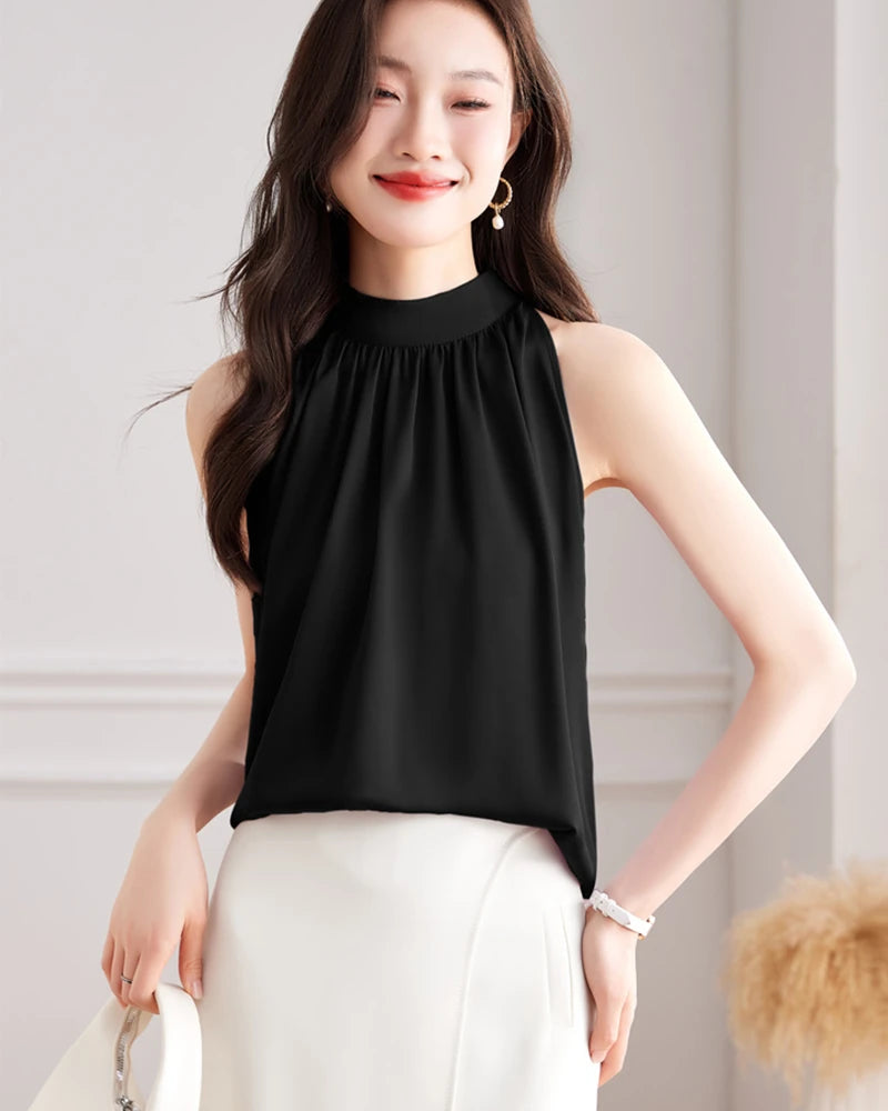 Elegant Mock Neck Sleeveless Silk Blouse for Women - Luxury Breathable Summer Top for Office, Party & Special Occasions