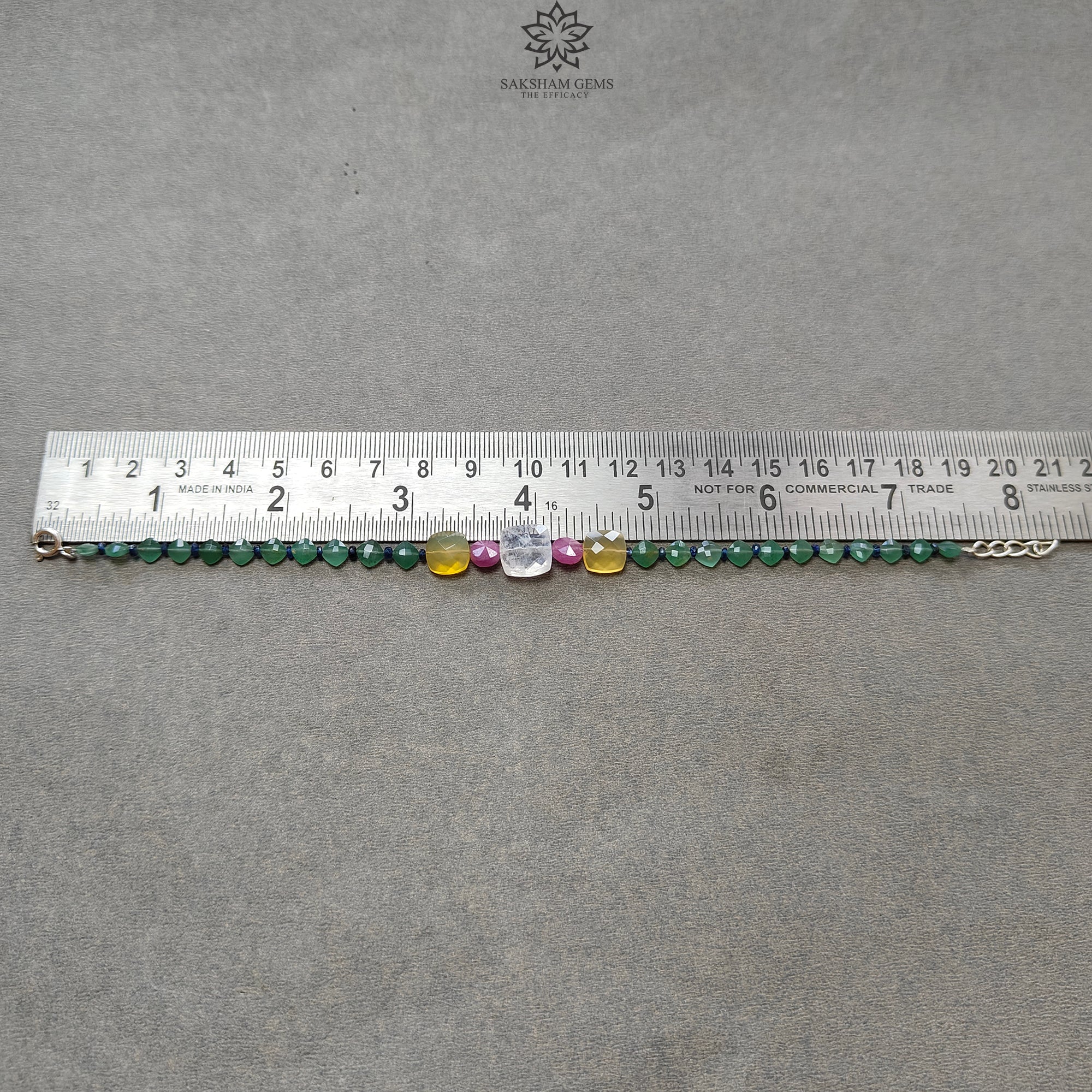Green Quartz Yellow Opal Moonstone Sapphire Gemstone Beaded Bracelet - 925 Sterling Silver Checker Cut 8.25