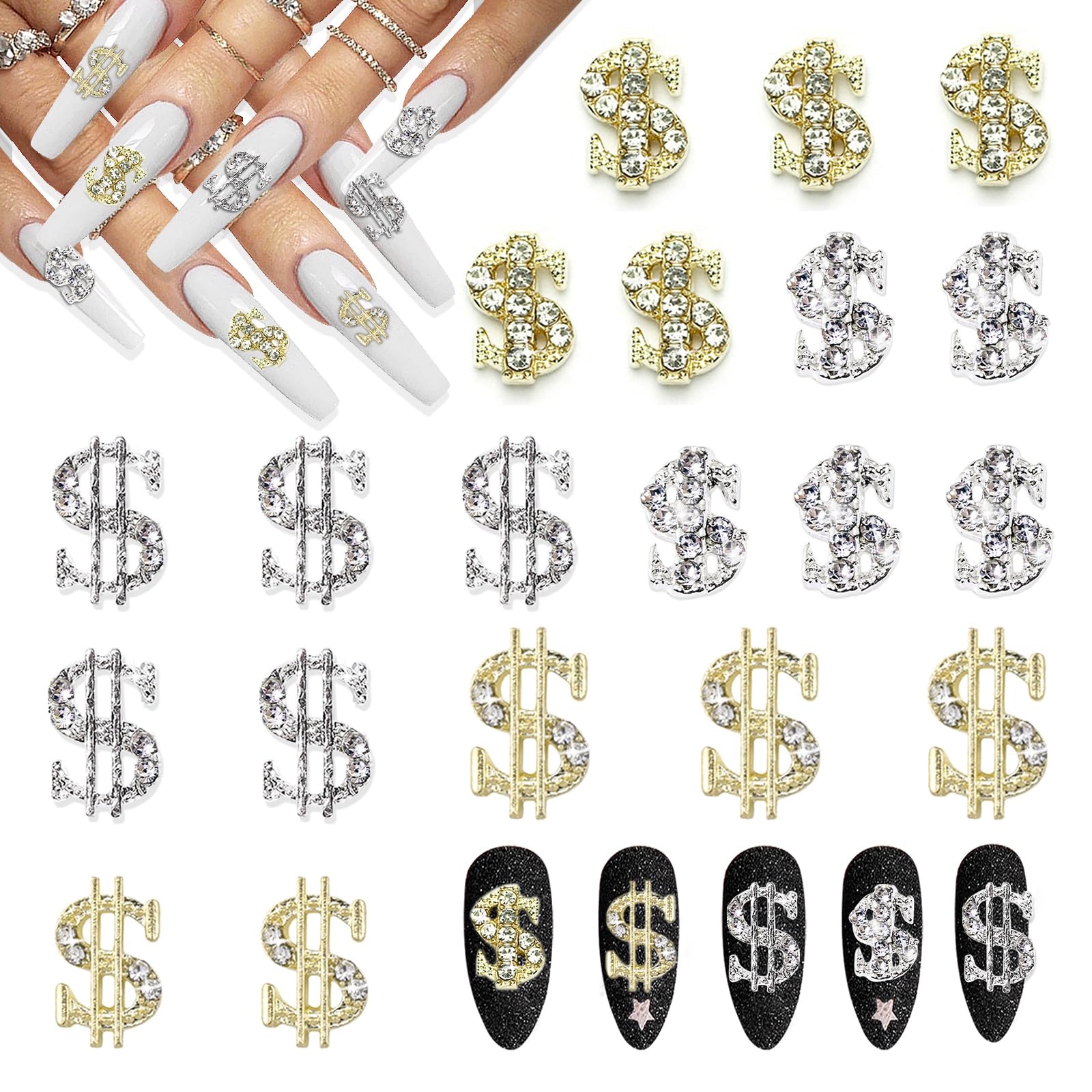 20Pcs 3D Silver & Gold Dollar Nail Charms - Shiny Money Sign Rhinestone Nail Art Decorations for Women & Girls | DIY Nail Jewelry & Craft Accessories | Perfect for Parties, Holidays & Special Occasions