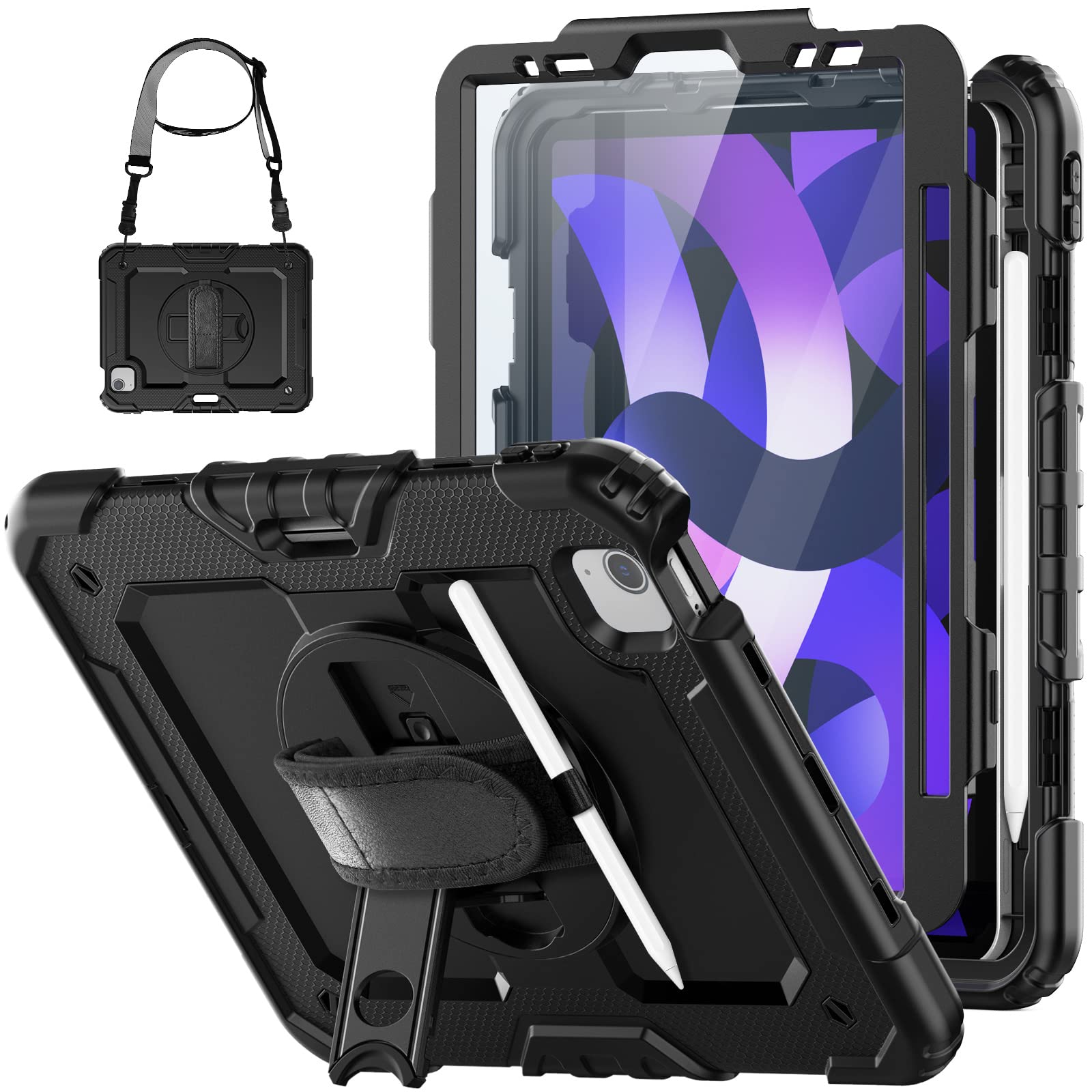 HXCASEAC Shockproof iPad Air 5th/4th Generation Case 10.9 Inch with Pencil Holder - Protective Cover with Screen Protector, Shoulder Strap & Rotating Hand Strap Stand for iPad Air 5/4 (2022/2020 Model) - Perfect for Work, Travel & School - Black