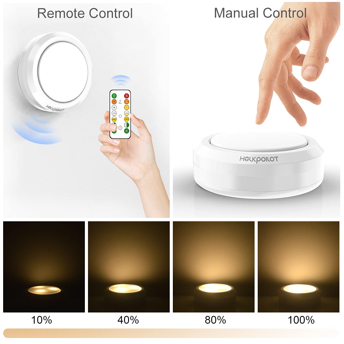 HOLKPOILOT 6-Pack Puck Lights with Remote Control - Battery Operated Under Cabinet Lighting for Kitchen, Counter, Ceiling & Closet - Stick-On White LED Puck Lights for Home Decor & Task Lighting
