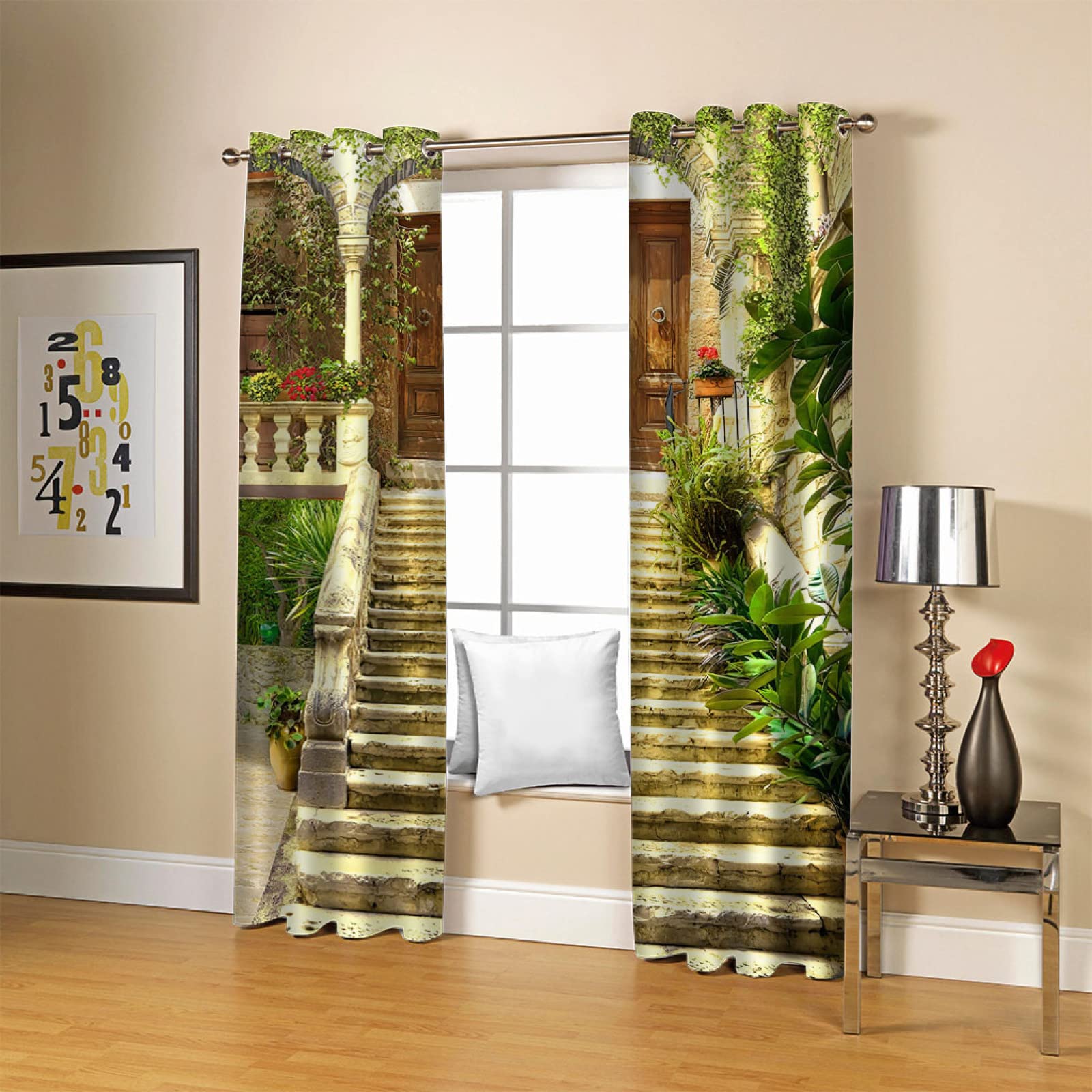 3D Building Stairs Blackout Curtains for Kids Bedroom - 2 Panels (55x96 Inches) Thermal Insulated Eyelet Window Curtains with Printing Pattern - Perfect for Boys & Girls Nursery, Home Decor & Light Blocking