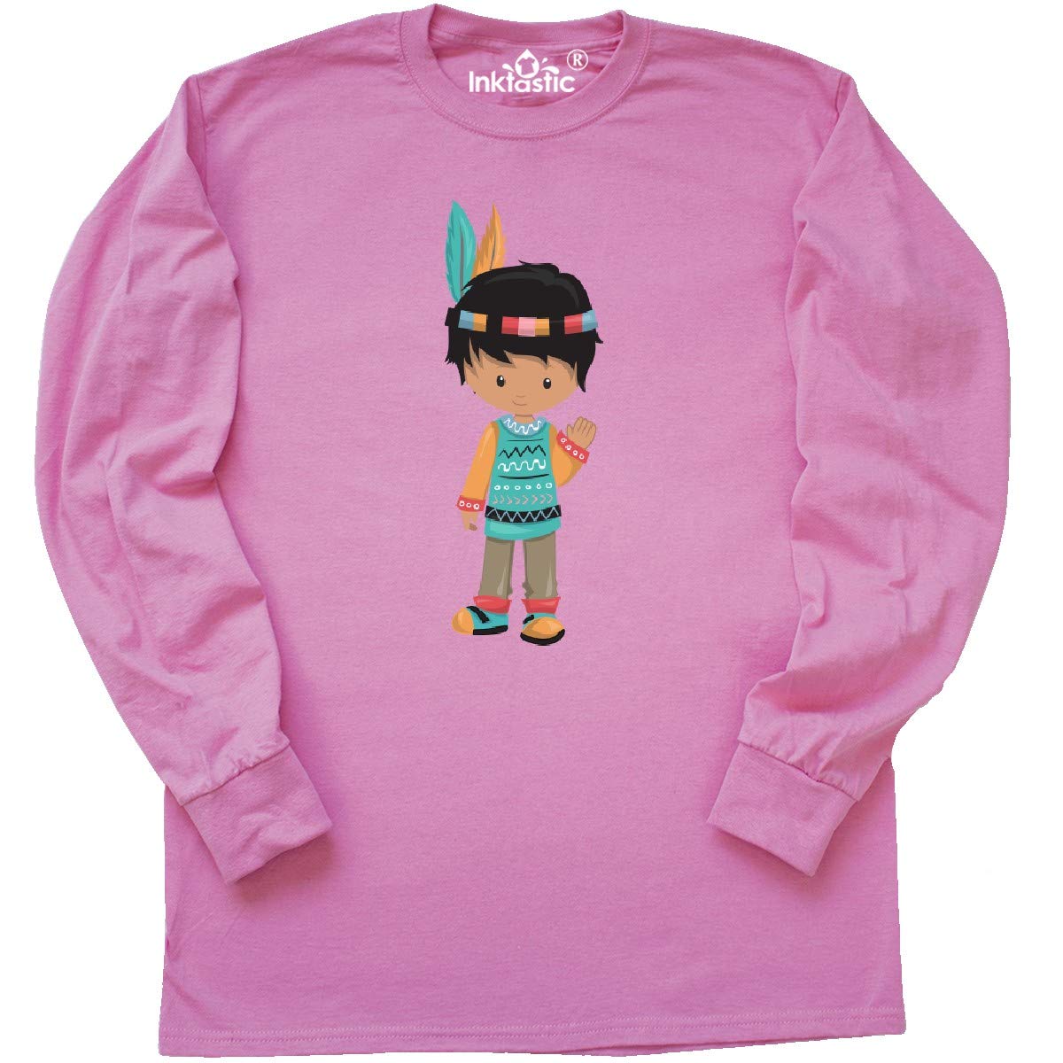Inktastic Native American Boy Cute Graphic Long Sleeve T-Shirt for Men - Soft Black Cotton Shirt with Unique Design for Casual Wear, Cultural Appreciation, and Everyday Comfort