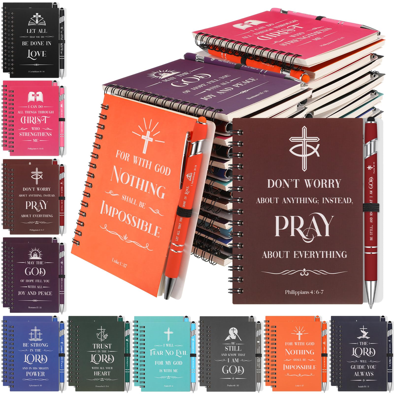 Gueevin Christian Notebook and Pen Set with Bible Verse Notepads - 100 Pack of Metal Pens with Black Ink, Inspirational Christian Quote Journals & Ballpoint Pens - Perfect Religious Christmas Gift for Women & Men - Ideal for Bible Study, Church Notes & Daily Devotionals